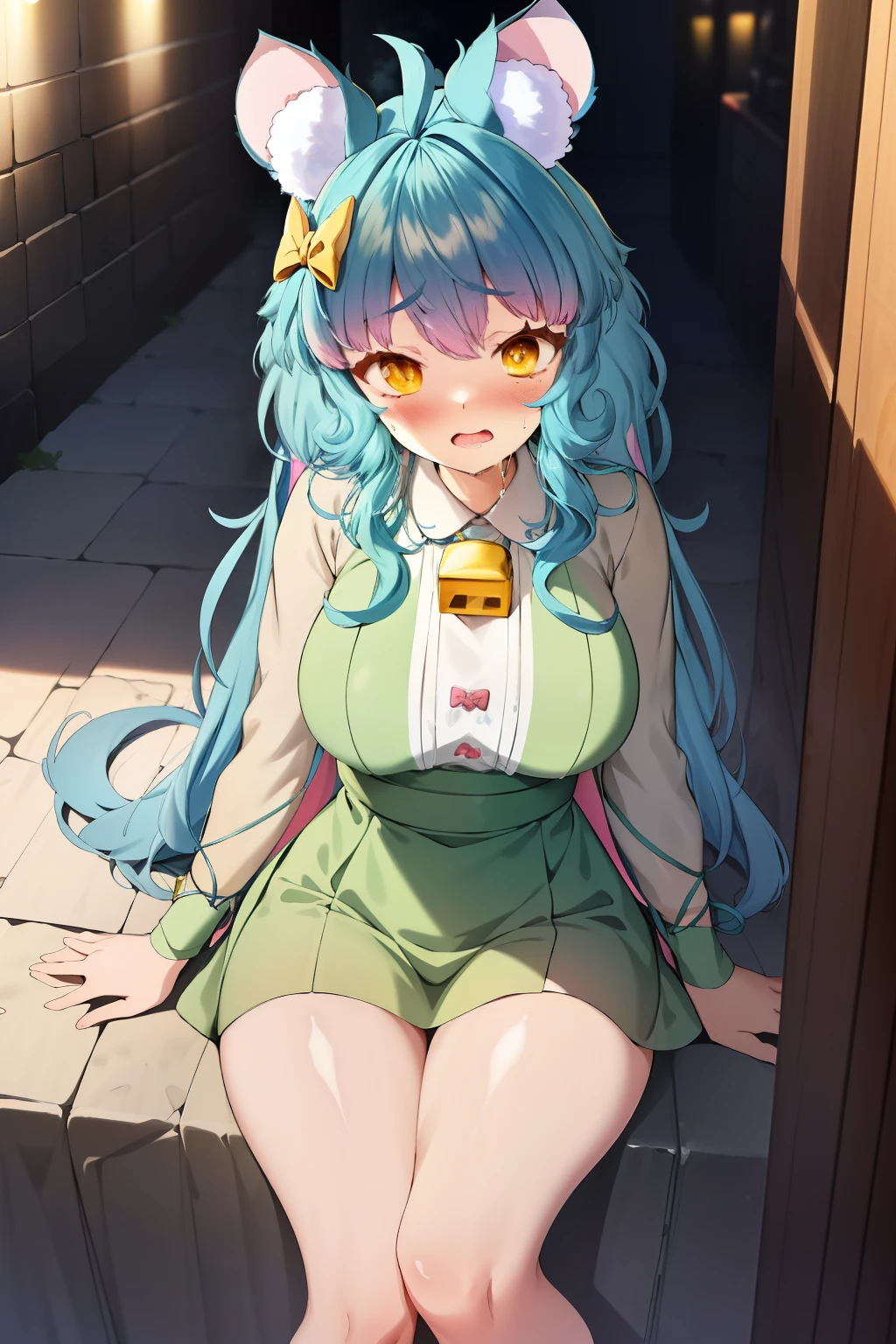 2d, masterpiece, best quality, anime, highly detailed face, highly detailed eyes, highly detailed background, perfect lighting, chessivt, virtual youtuber, 1girl, yellow eyes, long hair, blue hair, multicolored hair, pink hair, ahoge, hair bow, mouse ears, mouse girl, breasts, blue shirt, medium breasts, indoors, embarrassed, blush, looking at viewer, sitdown, (pov), <lora:Chessi_VT-08:0.8 open mouth, steam, cow print underwear, cow print bra, cow print pantis, milk in body, tongue out, drooling, wet body, suck soda, pet collar