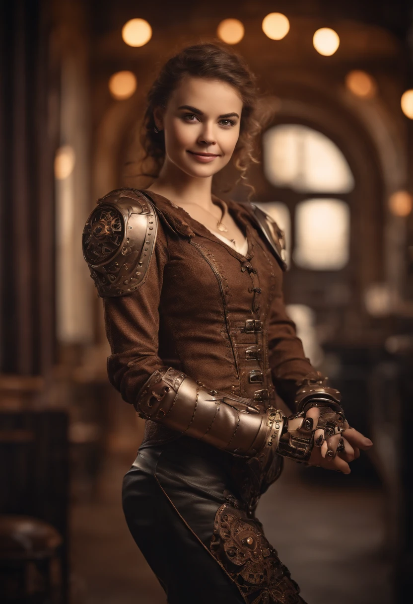 Smiling 1girl with bionic arms in steampunk fashion, captured in ultra high resolution with photorealistic and beautiful lighting. This masterpiece is of the best quality and is set against a zentangle abstract background (weighted at 1.4). Mechanical hands, partially naked