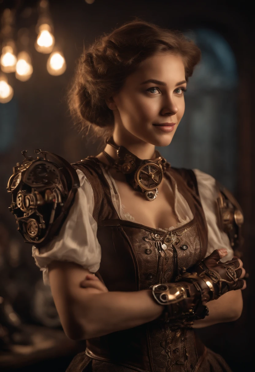 Smiling 1girl with bionic arms in steampunk fashion, captured in ultra high resolution with photorealistic and beautiful lighting. This masterpiece is of the best quality and is set against a zentangle abstract background (weighted at 1.4). Mechanical hands, partially naked
