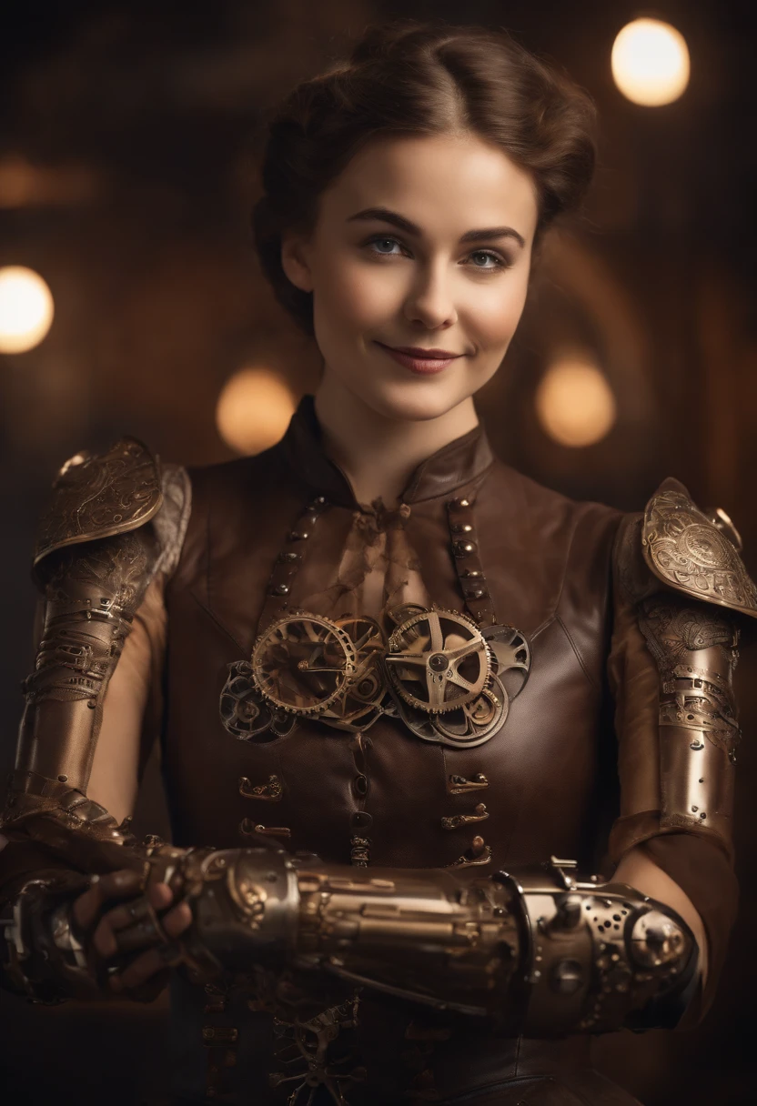 Smiling 1girl with bionic arms in steampunk fashion, captured in ultra high resolution with photorealistic and beautiful lighting. This masterpiece is of the best quality and is set against a zentangle abstract background (weighted at 1.4). Mechanical hands, partially naked