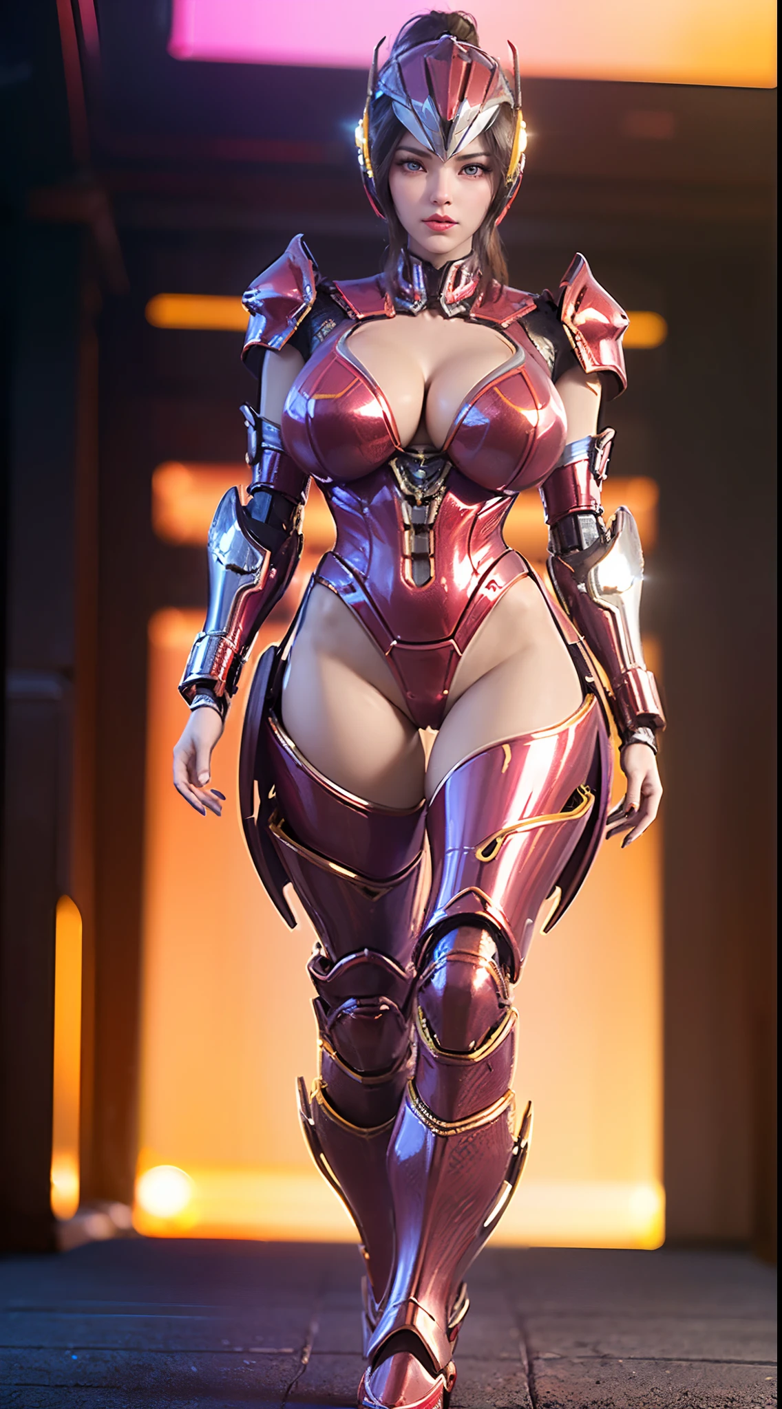 (1GIRL, ALONE, SOLO), (super detailed face), (black ponytail long hair: 0.8), ((Phoenix Headwear)), (BIG BUTTOCKS, 11 LINE ABS, CLEAVAGE, HUGE FAKE BREASTS:1.5), (GOLD MECHA GUARD ARM:1.3), (RED SHINY MECHA CYBER ARMORED, PURPLE MECHA SKINTIGHT SUIT PANTS, MECHA GUARD ARMOR LEGS, HIGH HEELS:1.5), (THICC MUSCULAR FEMALE BODY, GLOWING SKIN, LONG LEGS:1.1), (LOOKING AT VIEWER:1.3), (female focus:0.886), (WALKING DOWN HALLWAY OF FUTURISTIC SPACE STATION:1), (BRIGHT LIGHT ROOM:1.5), SUPER TEXTURE, UNREAL ENGINE RENDER, PHYSICALLY-BASED RENDERING, ULTRA HIGHT DEFINITION, 16K, 1080P.