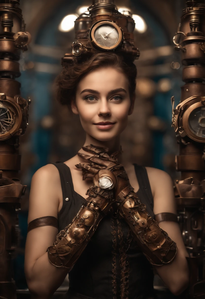 Smiling 1girl with bionic arms in steampunk fashion, captured in ultra high resolution with photorealistic and beautiful lighting. This masterpiece is of the best quality and is set against a zentangle abstract background (weighted at 1.4). Mechanical hands,  naked