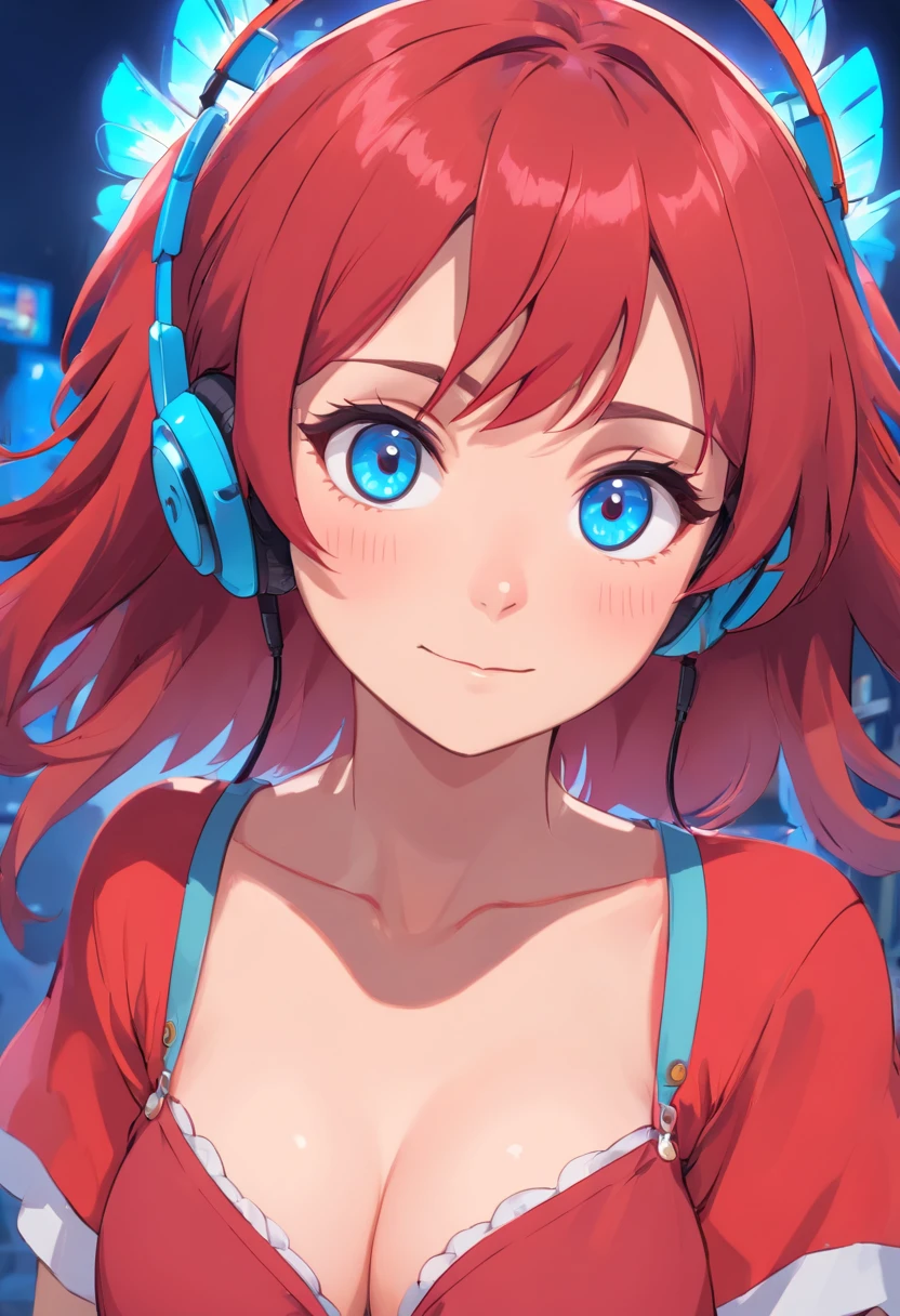 (master part), best quality, olhos expressivos, rosto perfeito, (ultra-detalhado:1.5), soft lighting, Rosto extremamente detalhado, middle boobs, olhos expressivos, master part, best quality, olhos brilhantes, olhos deslumbrantes, Detailed lighting, front view angle, retrato, (sombreamento extremo:1.0), 1girl, cabelos curtos de cor vermelha com tom azul, sorridente, cara bonita, neon blue eyes, double eyeshadow eyelashes, piercing na orelha, vestindo capuz de cor vermelha,  sem fundo, saia branca, pernas grossas, Standing, headphones on head, Standing , hiper detalhado, detalhes insanos, Belo design de personagens, Premiado, (torso completo)