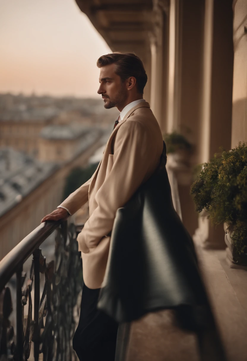 Rich man in social clothes on a balcony of a building in the day leaning against the balcony looking at camera