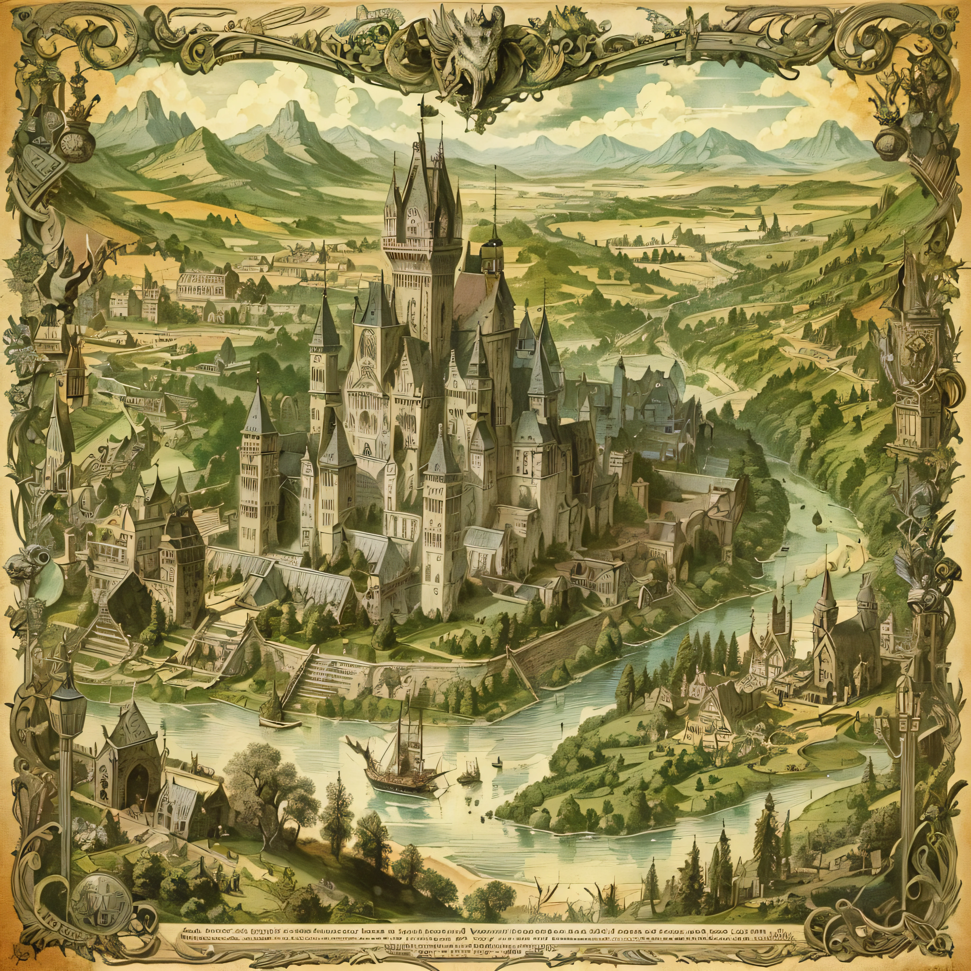 ((nobody)) Vintage Victorian style, Accurate old encyclopedia (Best Quality:1.2), (Detailed:1.2), (masutepiece:1.2), Vintage illustration of dark evil fantasy myth land map, Castles, rivers, Forests, dragons, The Monster, Manuscript Drawing, Old papers, Vintage, golden details