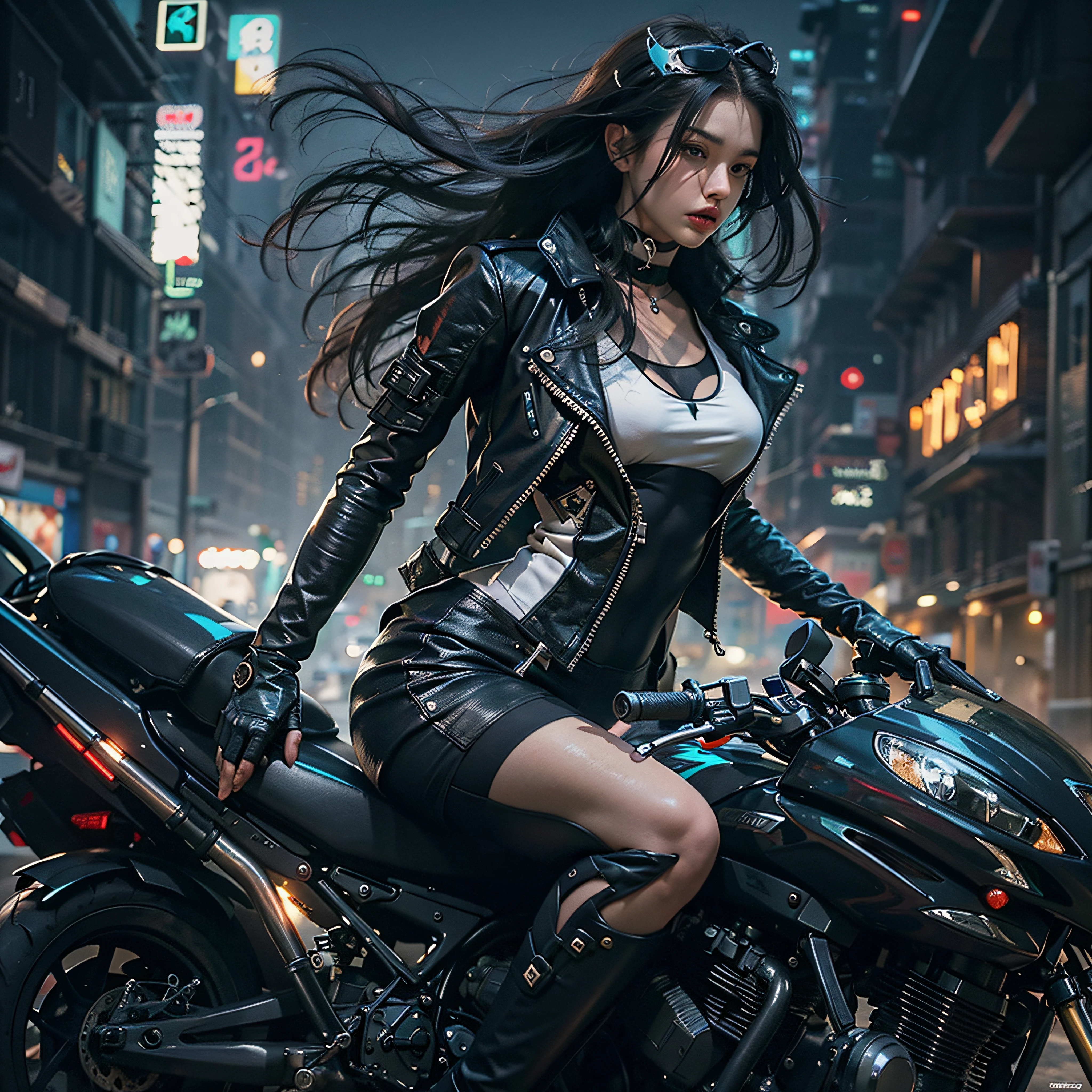Huntress riding a high-tech motorcycle, Shoot high-tech artillery, Sparks from the gun, (1 female, brown eyes, white skin, Twin-tailed black hair, choker, small breasts, skinny, lip whole, compensate, eyeliner, Russia), Wearing black one-piece leather armor, Long leather gloves, long Leather boots, In a cyberpunk town at night, (cyberpunk theme), (masterpiece, highest quality, 8K, sharp focus, Depth of bounds written, best shadows, perfect light, HDR, realistic skin texture, Ultra-detailed and detailed background), wide shot