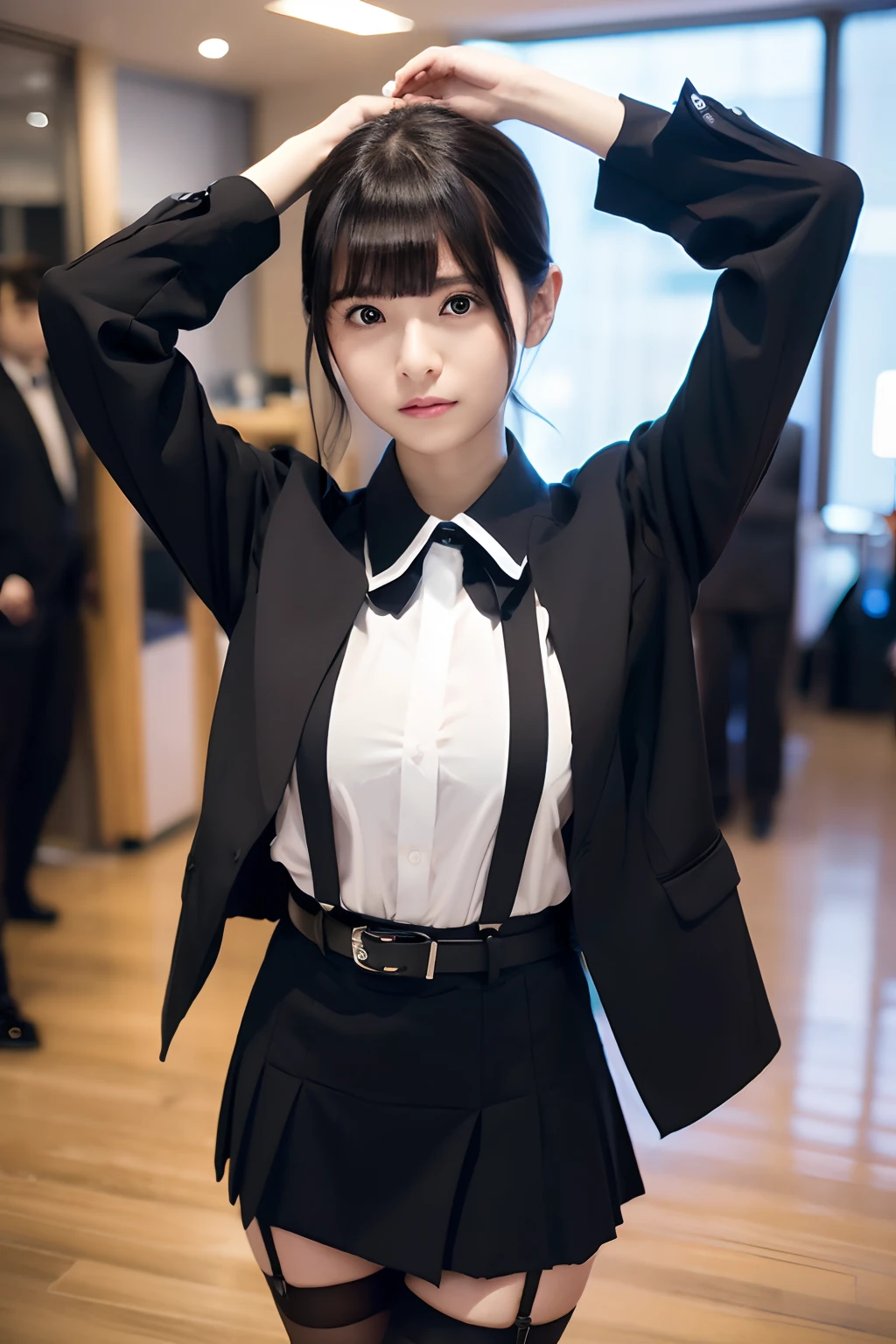 (masutepiece:1.2),High quality,vivd colour,flat-colors,Deep Depth Of Field,Lens Flare,1 girl,Black hair,eyecontact,Suit,Collared shirt,Belt bag,suspenders,Professional,Office Lady,Mature Women,Black mini skirt garterbelts knee high Stockings Black Niso Colorcon armpit sweat perspiring Side of both hands,Black jacket,Gaze,ample bosom,Armpit sweat,Exposing the armpits"Pichi Pichi clothes