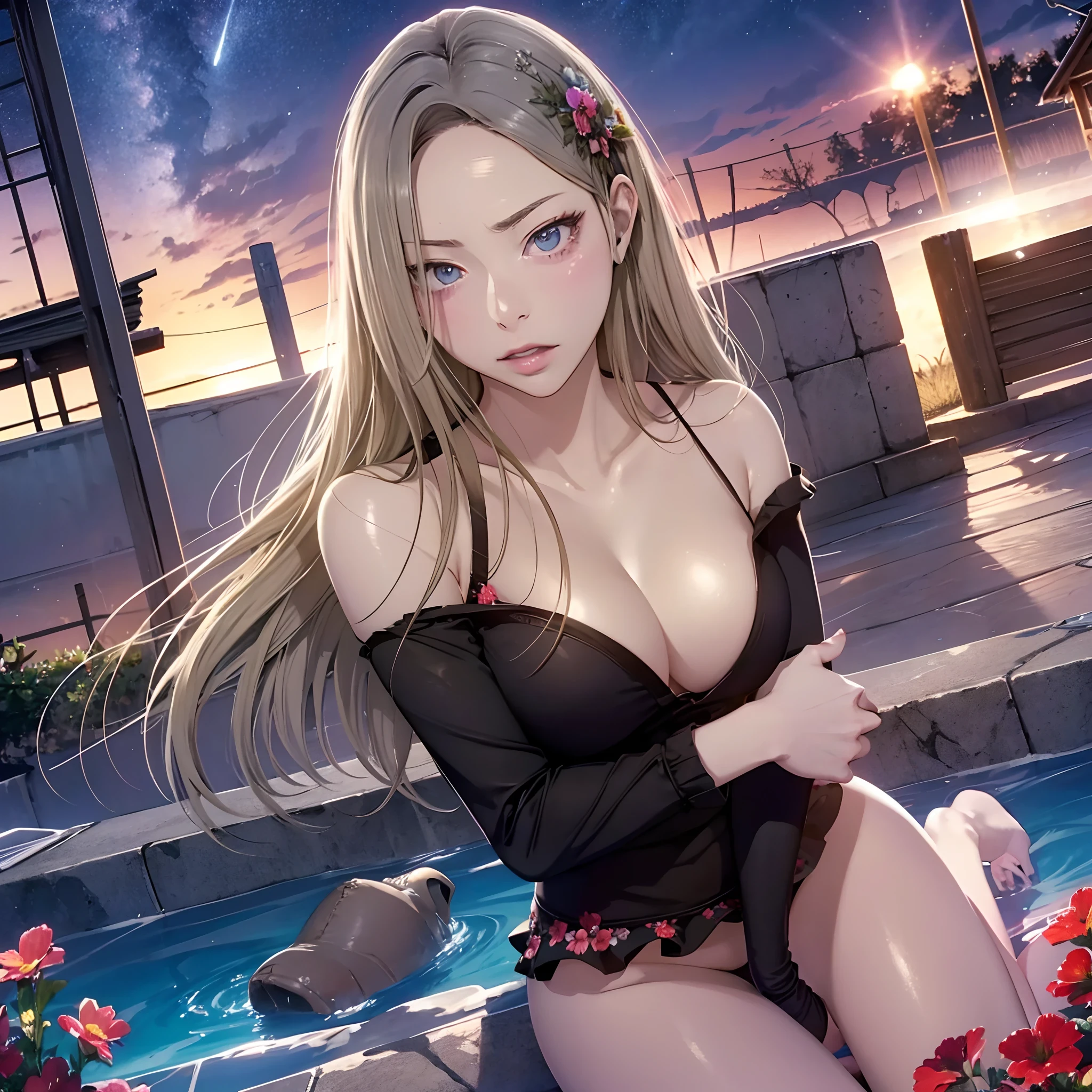 Best Quality, high_resolution, Distinct_image, Detailed background ,girl, Random wear,flower, nigh sky,Dutch Angle, Wide Shot,Glamorous Sky、Sky、nigh sky、Night Pool、Dark cold lighting below、