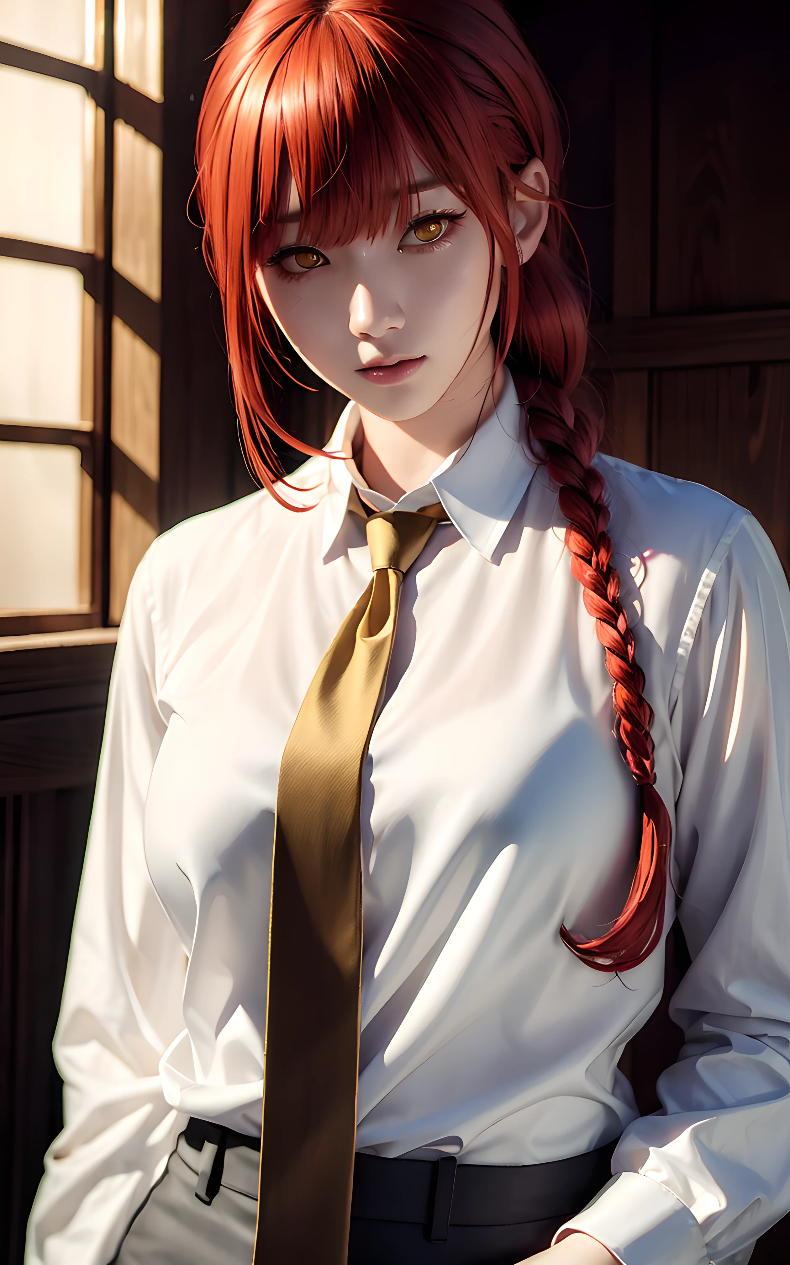 masterpiece, (photorealistic:1.4), best quality, beautiful lighting, (ulzzang-6500:0.4), makima \(chainsaw man\), (red hair)+(long braided hair)+(bangs), yellow eyes, golden eyes, (ringed eyes), (white shirt), (necktie), RAW photo, 8k uhd, film grain