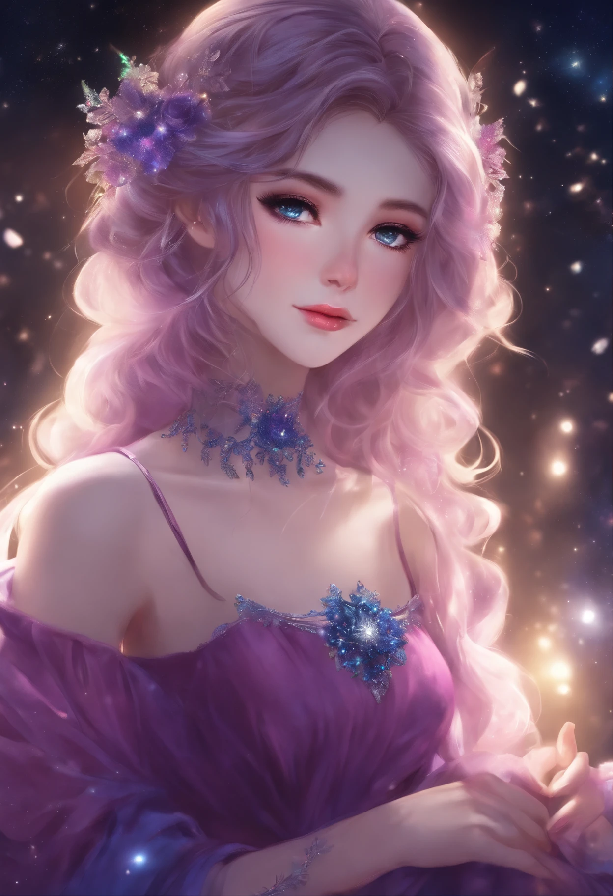 Chica anime con cabello rosa y morado, con ojos azules y un vestido con adornos de estrellla