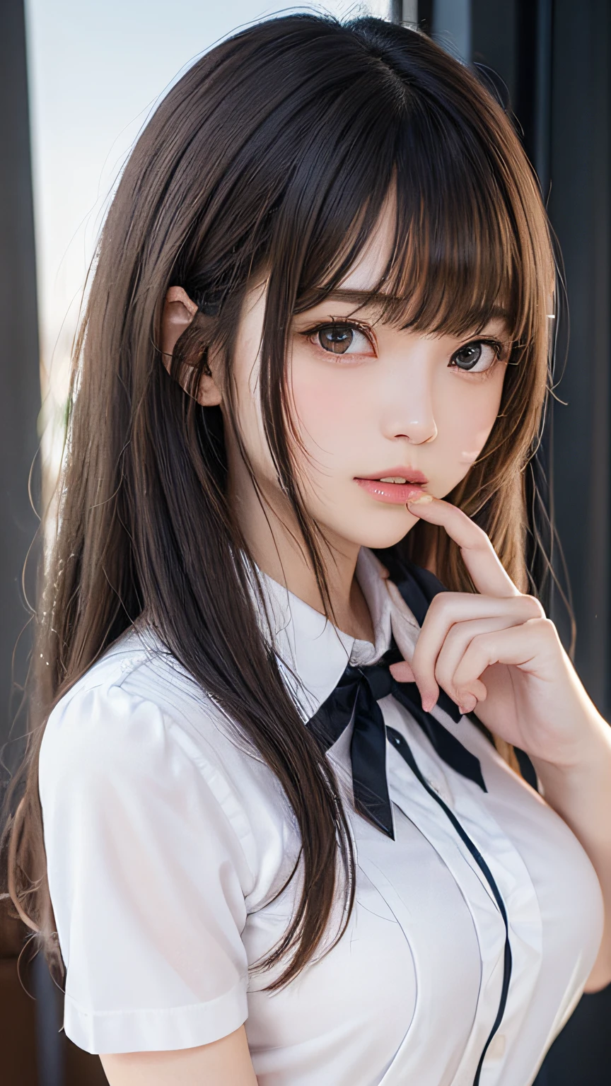 1womanl, up of face, mideum breasts, light brown hair, Blunt bangs, hair behind ear, hair over shoulder, Long hair, slender body shape, Ultra Fine Face, Thin face, Delicate lips, Beautiful eyes, thin blush, eyes are light brown, perfect glossy skin, flawless skin, Glistening sweat,View here, Ultra-thin hands, Ultra-fine fingers, best ratio four finger and one thumb, (realisitic:1.3), Finger Extensions, School Uniforms、White dress shirts、Dark blue pleated skirt、Classroom, One-person viewpoint, Fuji Film, medium breasts, 8K, masutepiece, nffsw, Super Detail, High quality, Best Quality, hight resolution,