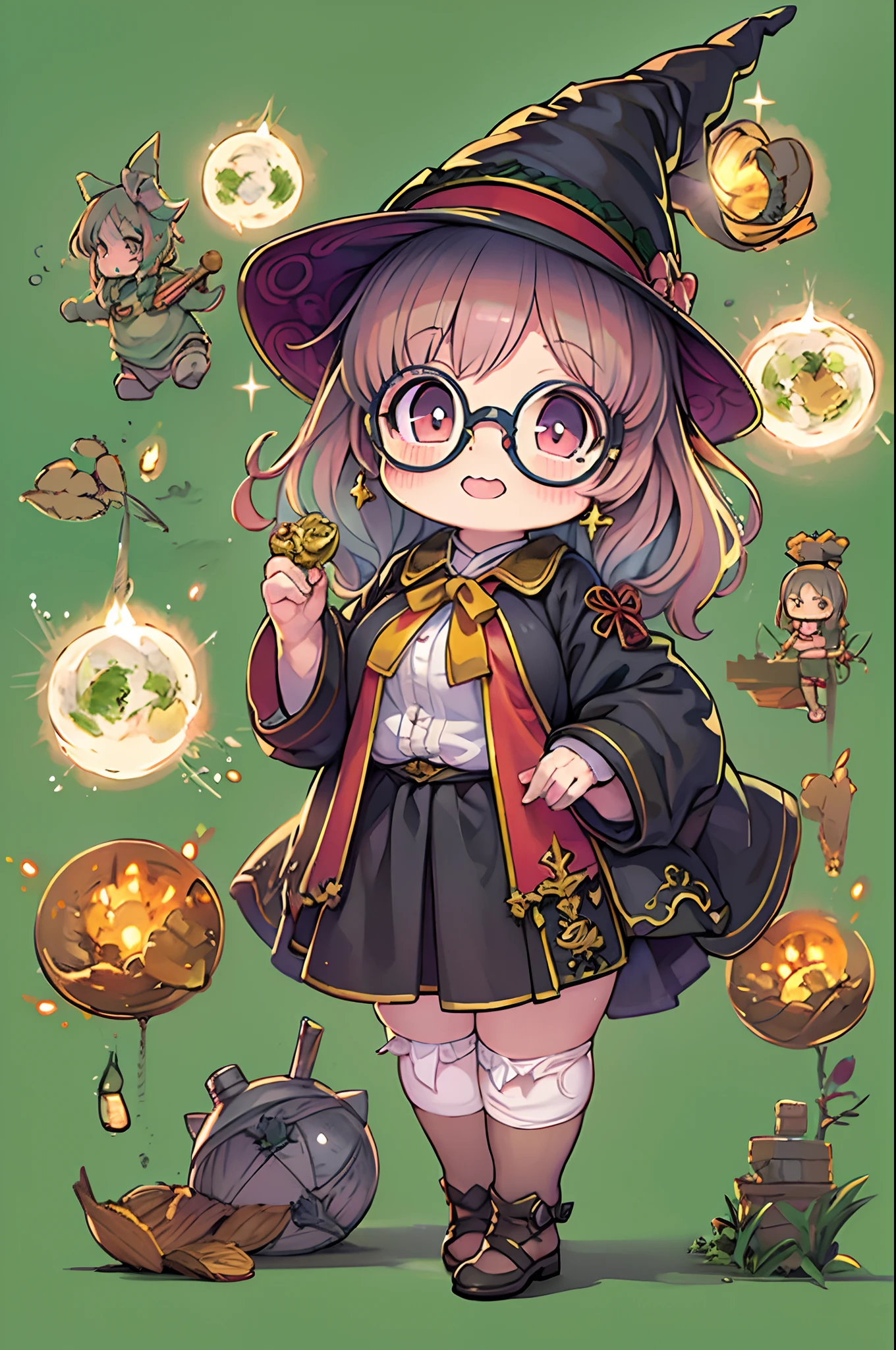 Fantasy,magic power,Realistic Girl Witch、Chibi、bbw、Anime style、Round glasses