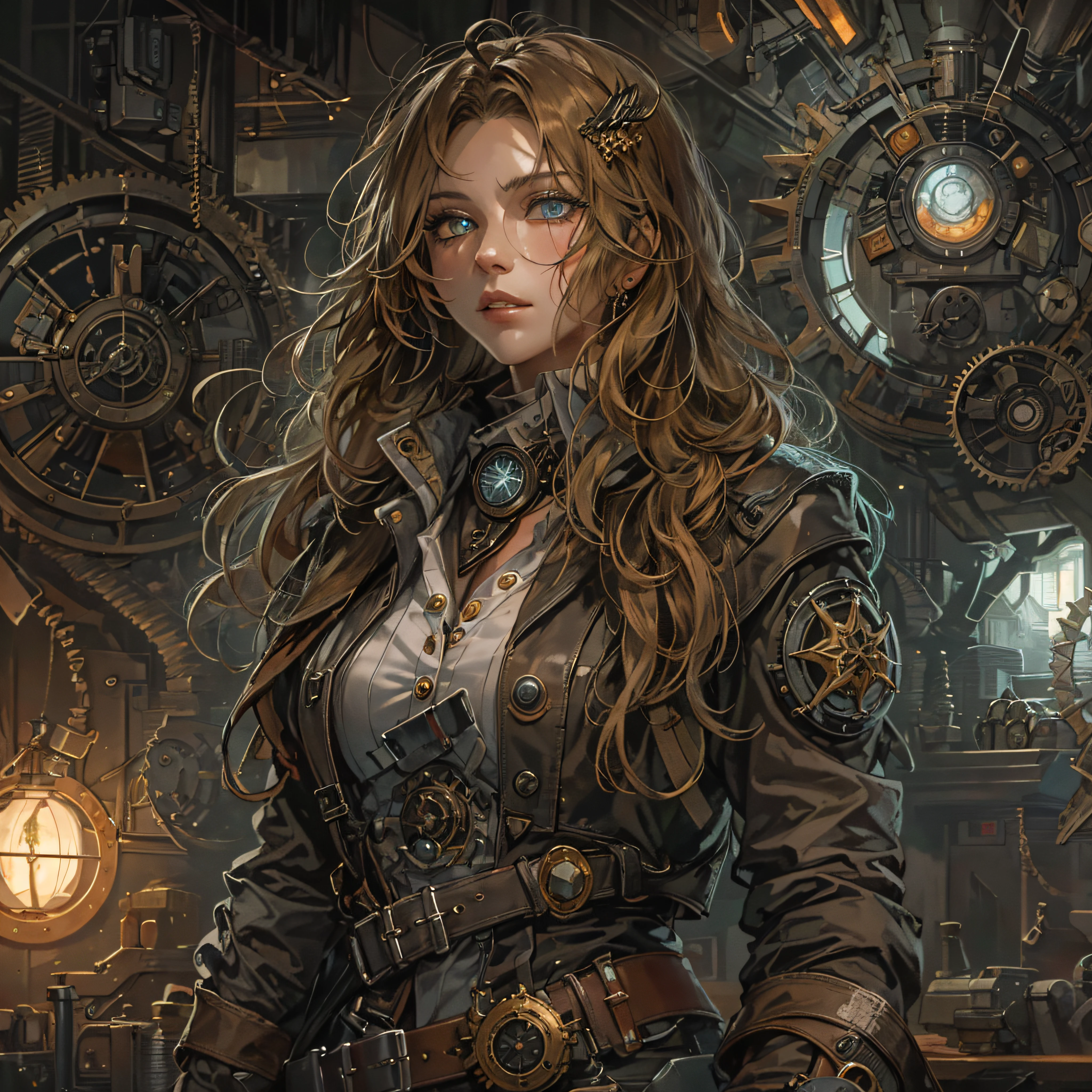 (absurdres, highres, ultra detailed), 1woman, mature female, aged up, wavy long hair, split-color hair, heterochromia, bangs, long sleeves, finely detailed eyes and detailed face, extremely detailed CG unity 8k wallpaper, intricate details, (style-rustmagic:0.8), (medieval cyborg:0.8), portrait, (bloody wounds:0.7), looking at viewer, solo, half shot, detailed background, (steampunk theme:1.1) determined expression, dark couds technomancer, floating lights, color leather vest with gears, techwear, jetpack, workshop in background, machines, gears, steam, industry, technology, furnace, grime, anvil, buttons, levers, automaton, electricity, electric sparks epic atmosphere,, portrait