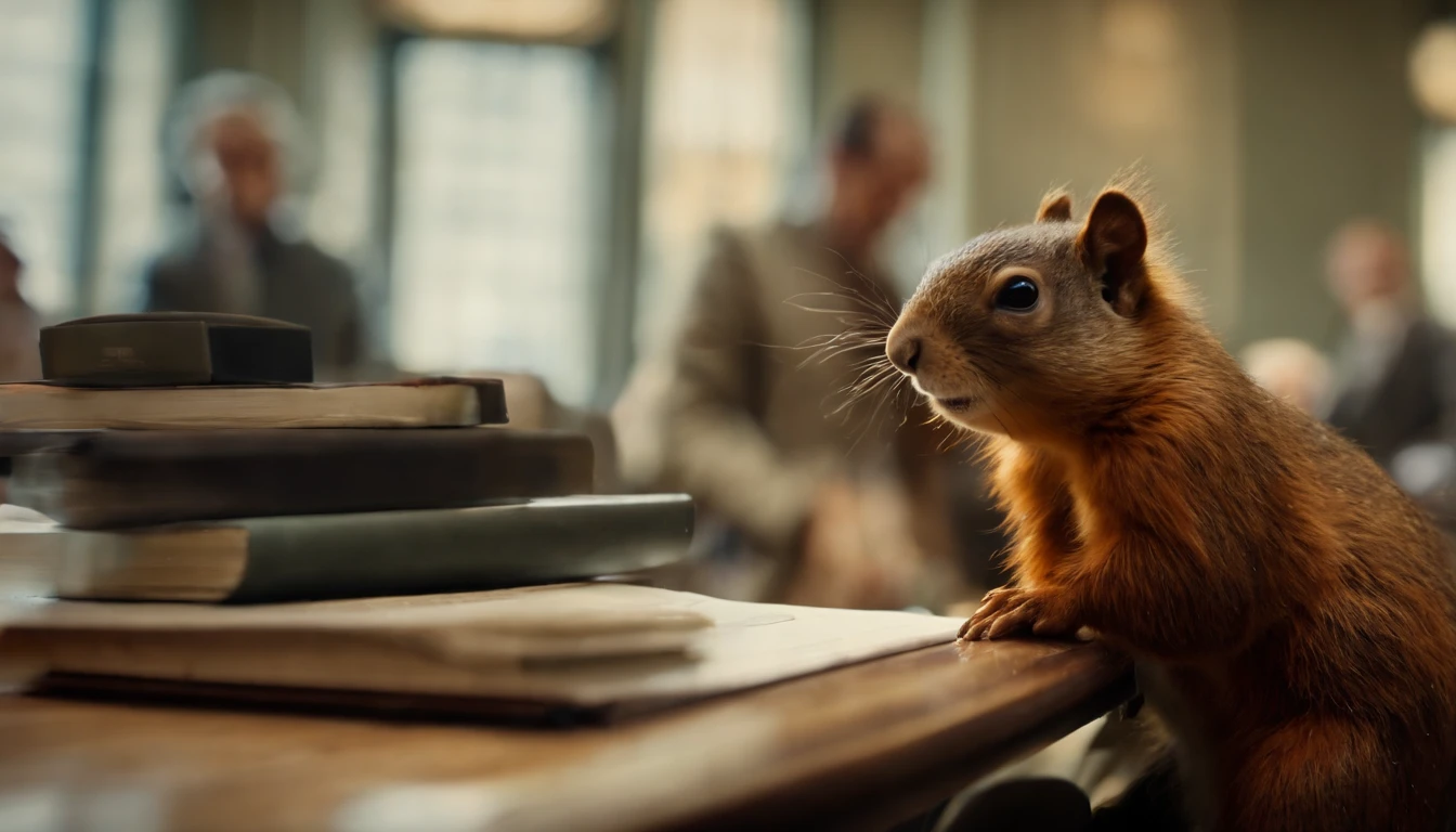A squirrel giving a TED talk presentation to a crowd of squirrels in the office, with charts and graphs