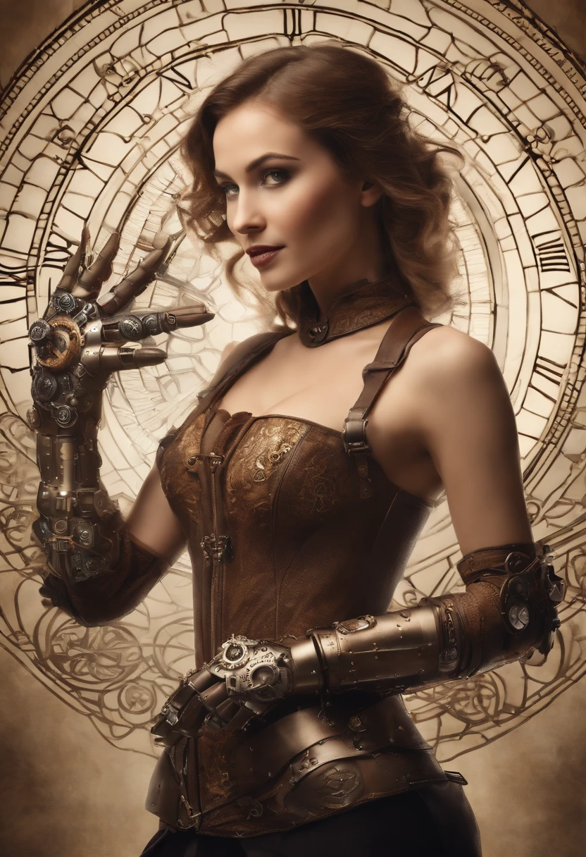 Smiling 1girl with bionic arms in steampunk fashion, captured in ultra high resolution with photorealistic and beautiful lighting. This masterpiece is of the best quality and is set against a zentangle abstract background (weighted at 1.4). Mechanical hands, naked, topless