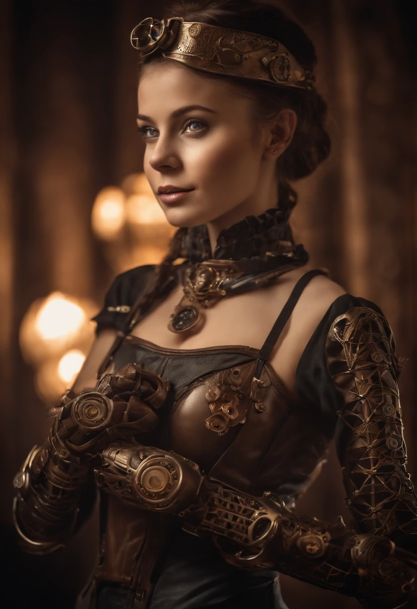 Smiling 1girl with bionic arms in steampunk fashion, captured in ultra high resolution with photorealistic and beautiful lighting. This masterpiece is of the best quality and is set against a zentangle abstract background (weighted at 1.4). Mechanical hands, naked, topless