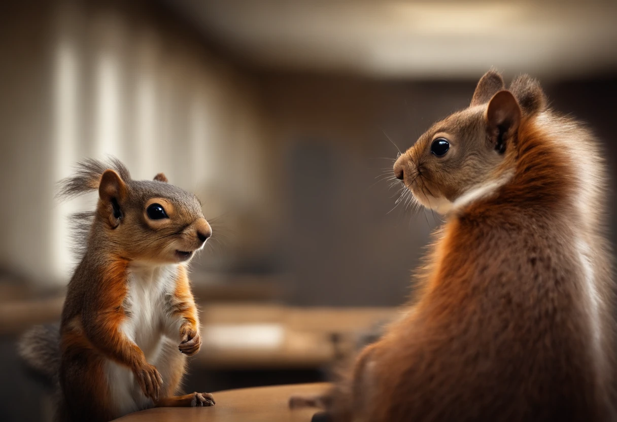 A squirrel giving a TED talk presentation to a crowd of squirrels in the office, with charts and graphs