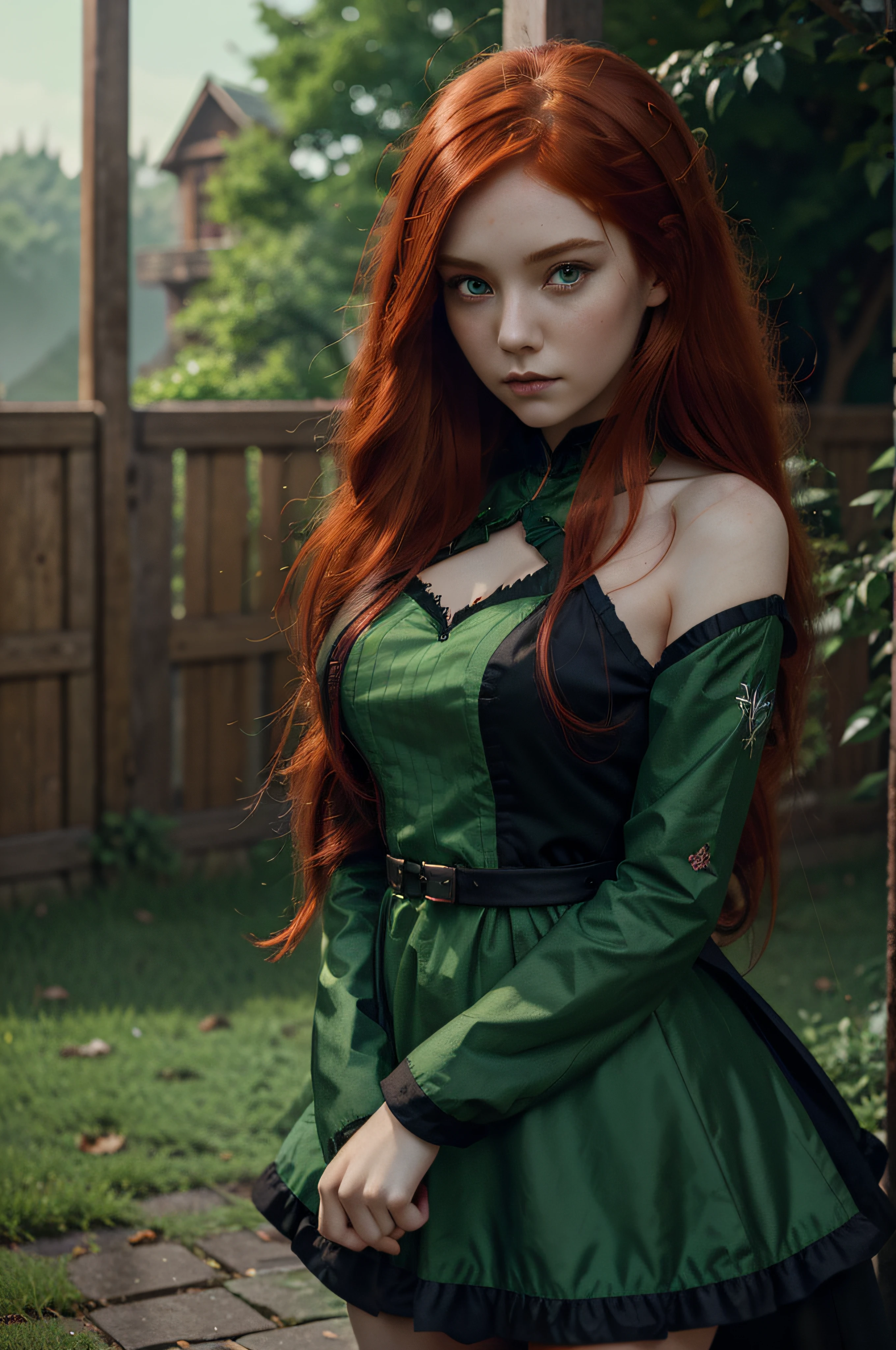there is a red haired girl with long red hair and a green dress, artwork in the style of guweiz, beautiful character painting, gothic maiden anime girl, beautiful digital illustration, cute detailed digital art, fantasy art style, with red hair and green eyes, 8k high quality detailed art, exquisite digital illustration, beautiful digital artwork, stunning digital illustration