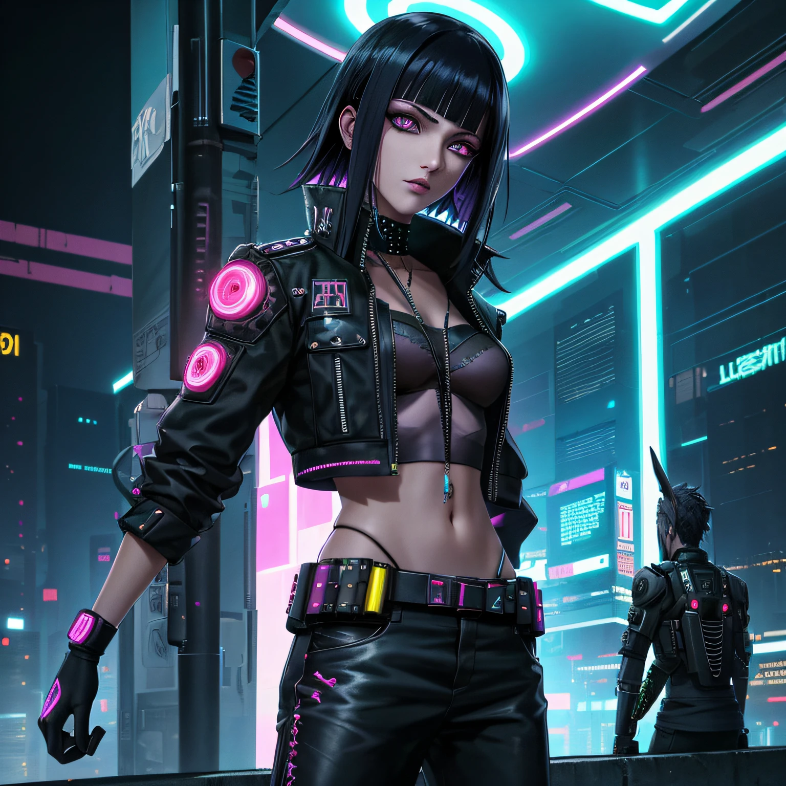 melhor qualidade, obra-prima, cinemactic, realista, Cyberpunk, cidade cyberpunk, Neon light, volumeric lighting, black sky, (chovendo, trovoada), ""identical character Hinata from the boruto anime"" rosto pefeito detalhes no olhar e no rosto em alta qualidade tudo bem detalhado (roupas cyberpunk, moletom, Slacks, roupas punk), water reflecting off the ground, ((rosto oculto)), Close-up, (roupas rasgadas), bunda de bolha,