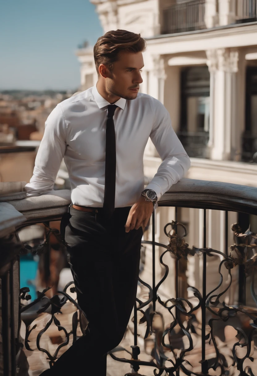 Normal man face in dress clothes on a balcony of a building in daytime leaning against balcony in self