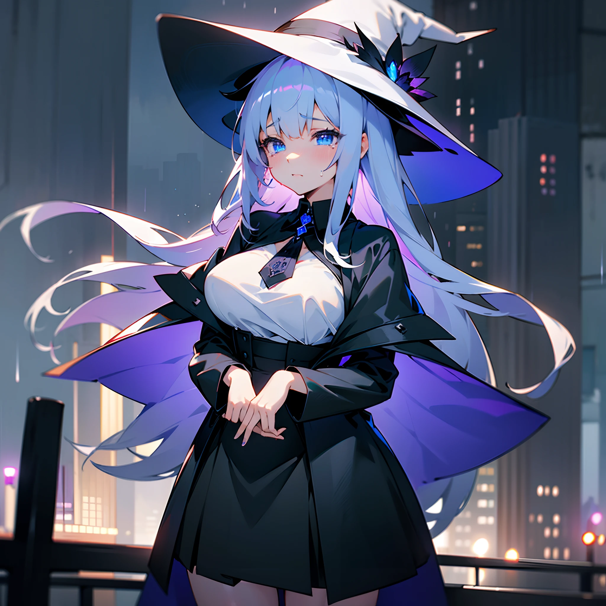 Rainy nights、An urban area lined with buildings、Late Night Tokyo、Standing Girl、Black coat、white t-shirts、a black skirt、White lob hair with blue-violet mesh、Wearing a large black witch hat with sapphire accessories、Blue eyes with highlights、Crying、B cup breasts、Beautiful illustration