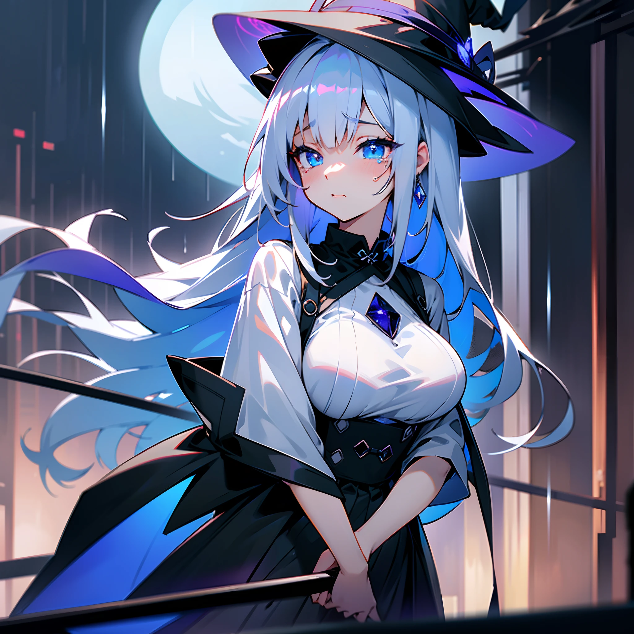 Rainy nights、An urban area lined with buildings、Late Night Tokyo、Standing Girl、Black coat、white t-shirts、a black skirt、White lob hair with blue-violet mesh、Wearing a large black witch hat with sapphire accessories、Blue eyes with highlights、Crying、B cup breasts、Beautiful illustration