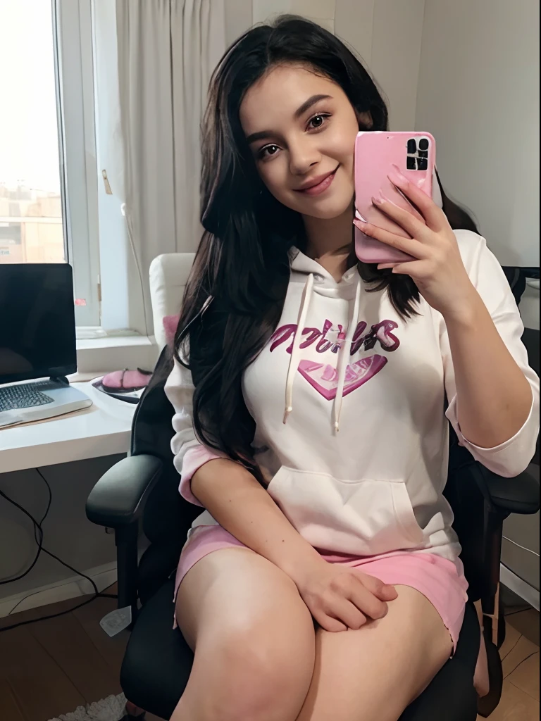 1girl, young, beautiful, long black hair, white skin, 19 years old, egirl, makeup on her face, smiling, curvy, holding up a white index card!!, sitting on a gaming chair, setting is bedroom, gaming setup, selfie view, dim lighting, wearing a pink!! hoodie, 1440p resolution, dynamic shadows, natural lighting!!! , lots of shadows, jpg quality, pink!!