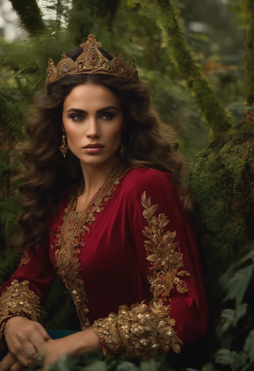 Queen a woman, brown hair, rich, sitting facing on a golden throne, (wearing a crown), transform a dark green embroidered outfit, a robe, ((a clear day,a realistic, realistic photo, 4k, highly detailed and intricate details, 8k