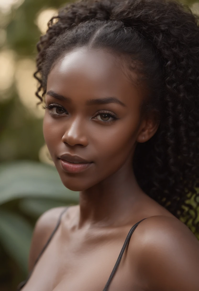 Create the image The image of a realistic black woman with a look of surprise and cheerful expression. Que tenha seios grandes e esteja vestindo um biquini vermelho ressaltando a sua sensualidade.Que tenha um corpo equilibrado e na imagem todo o seu corpo deve ser mostrado