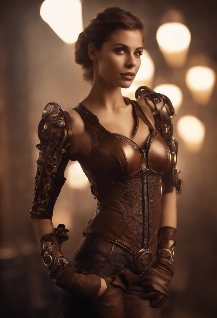 Smiling 1girl with bionic arms in steampunk fashion, captured in ultra high resolution with photorealistic and beautiful lighting. This masterpiece is of the best quality and is set against a zentangle abstract background (weighted at 1.4). Mechanical hands, naked, topless, sexy, nude