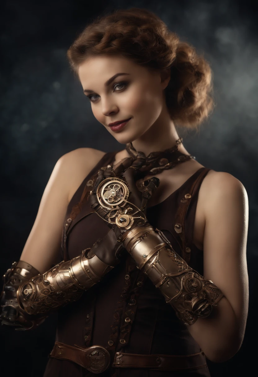 Smiling 1girl with bionic arms in steampunk fashion, Captured in ultra high resolution with photorealistic and beautiful lighting. This masterpiece is of the best quality and is set against an abstract zentangle background (ponderado em 1.4).