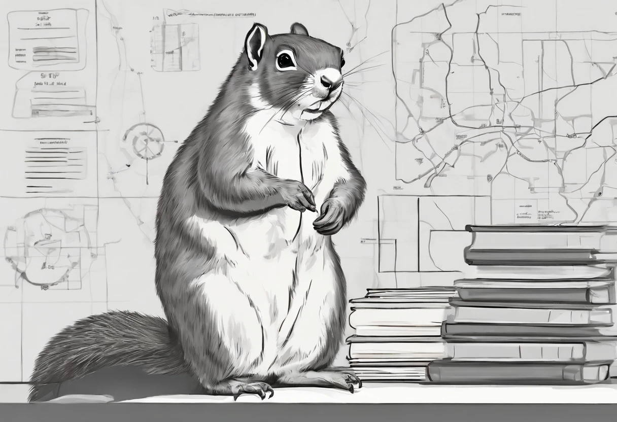 A squirrel giving a TED talk presentation to a crowd of squirrels in the office, with charts and graphs