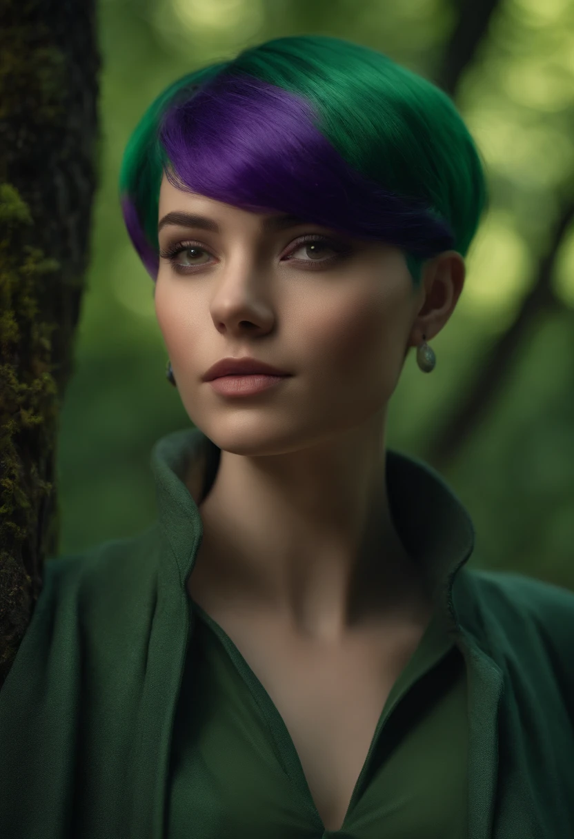 ratte867, 1girl, solo, (forest green hair:1.2), Asymmetrical haircut, (violet clothes:1.2) masterpiece, best quality, photorealistic, realistic, (RAW photo, 8k uhd, film grain), caustics, subsurface scattering