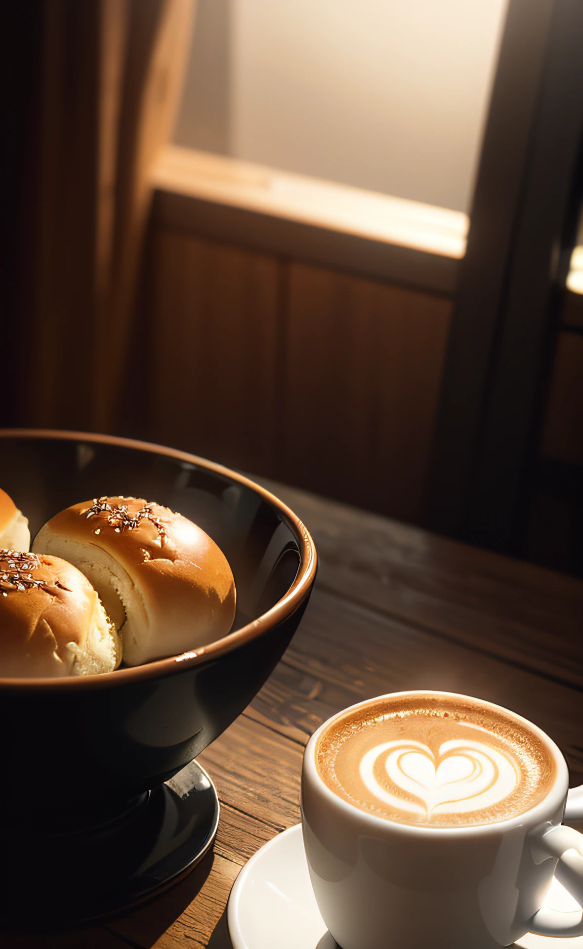 Food Photography, Coffee cup, buns, gentle lighting, volumetric light, rim lighting