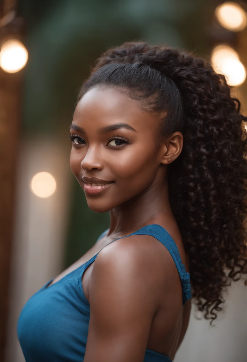 Dark African skin, Very deep ebony skin, Excited cute face, Full Body, Seductive, female, African long curly African ponytail, photorealistic, High detail, Hdr, 4k, Dazzling lights