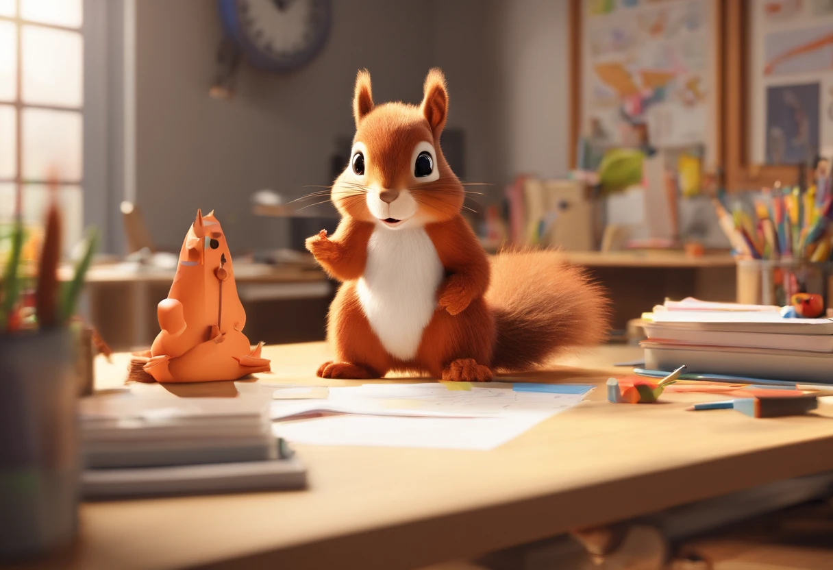 A squirrel giving a TED talk presentation to a crowd of squirrels in the office, with charts and graphs