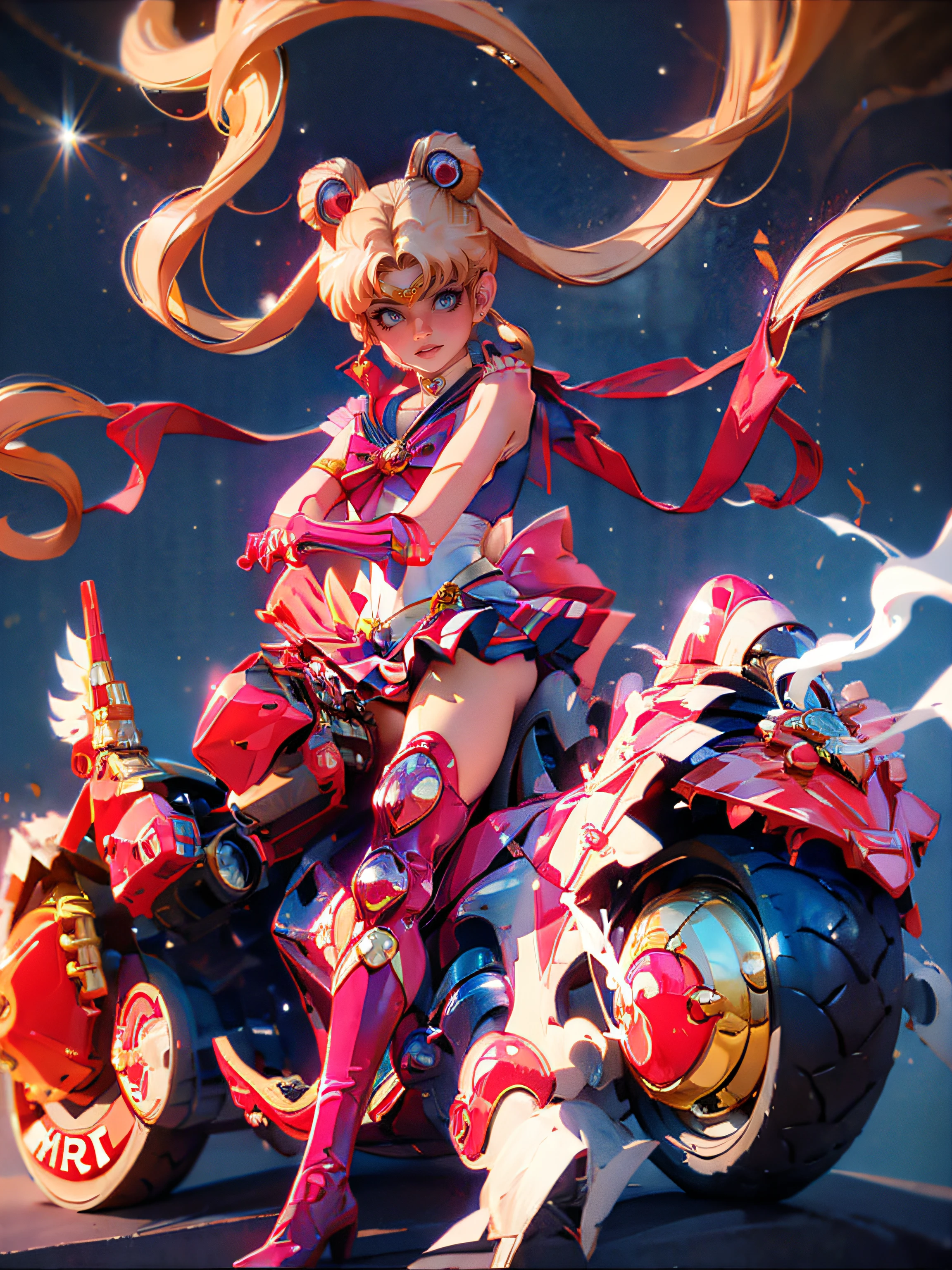 Ultra detailed, sharp focus, Masterpiece, best quality, beautiful, 1girl, Biker, hair over one eye, (smoke:1.2), riding motor vehicle, akirabike, night, sailormoon, supersailormoon