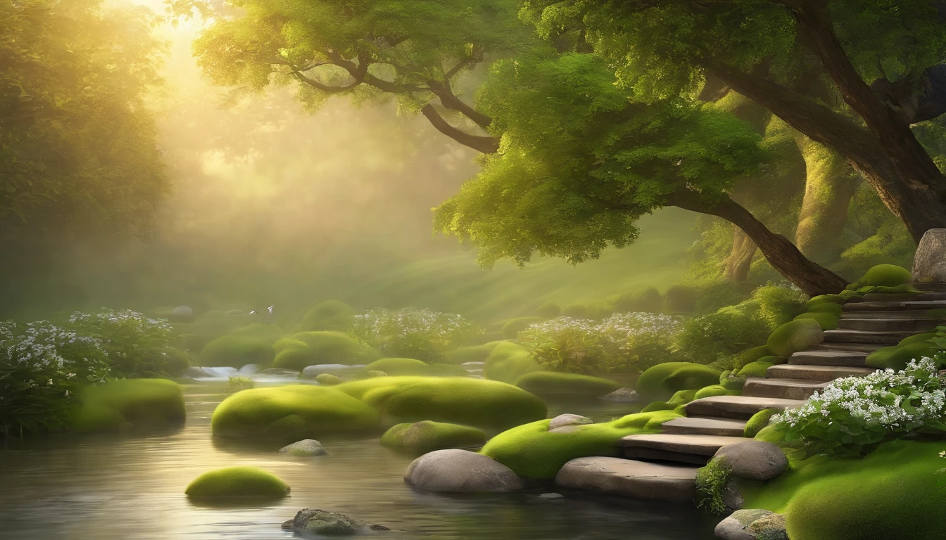 (best quality,4k,highres,masterpiece:1.2),ultra-detailed,(realistic:1.37),serene and peaceful gardens,calm flowing streams,lush green trees,exquisite flowers in bloom,soft sunlight filtering through the leaves,birds chirping in the distance,gentle breeze rustling the leaves,tranquil reflection pond,meditation cushions on the grass,harmony and balance,floating lanterns illuminating the night,zen-like atmosphere,lush green moss-covered stones,serenity enveloping the surroundings,peaceful ambiance,pure and serene landscapes,mindful relaxation,blissful nature retreat,serenade of nature's symphony,harmony between man and nature,serene moments of solitude,sound of running water soothing the mind,whispering of wind caressing the senses,transformative experience,deep tranquility in every breath,perfectly landscaped gardens,serene atmosphere,meditative sanctuary,serenity in simplicity,mindfulness in nature's embrace,serene wonders of the natural world.