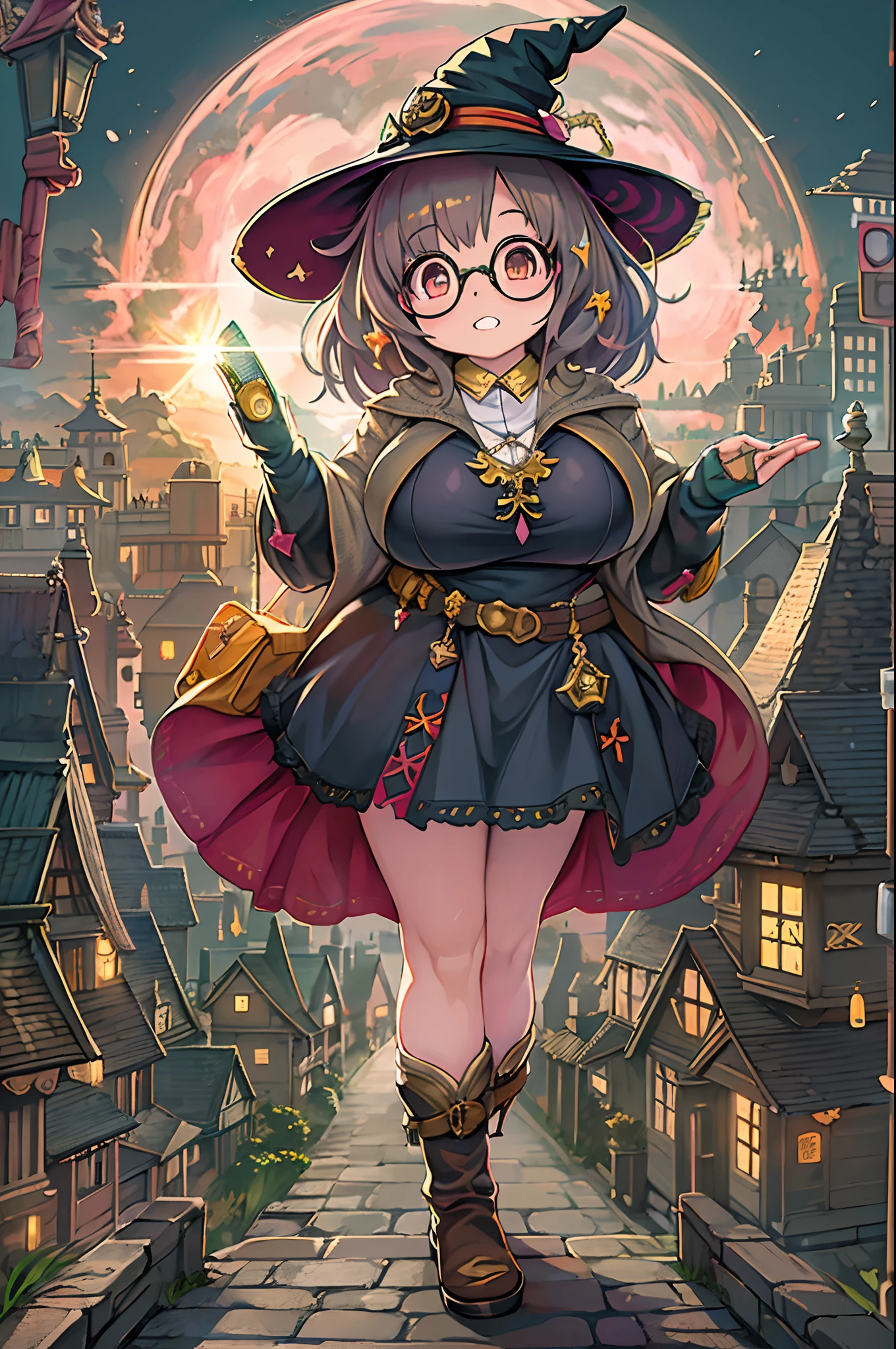 Fantasy,magic power,Realistic Girl Witch、Chibi、bbw、Anime style、Round glasses、Medieval cityscape