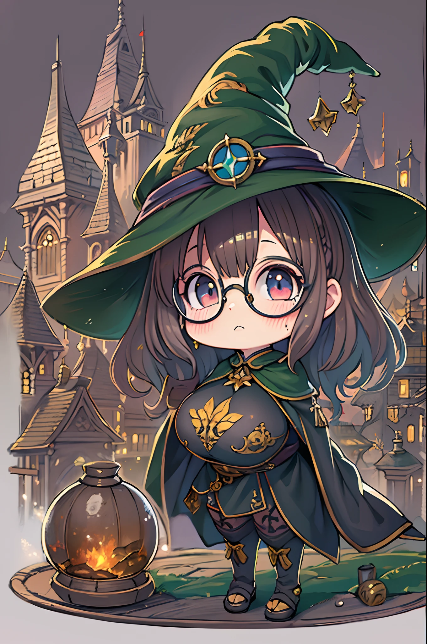 Fantasy,magic power,Realistic Girl Witch、Chibi、bbw、Anime style、Round glasses、Medieval cityscape