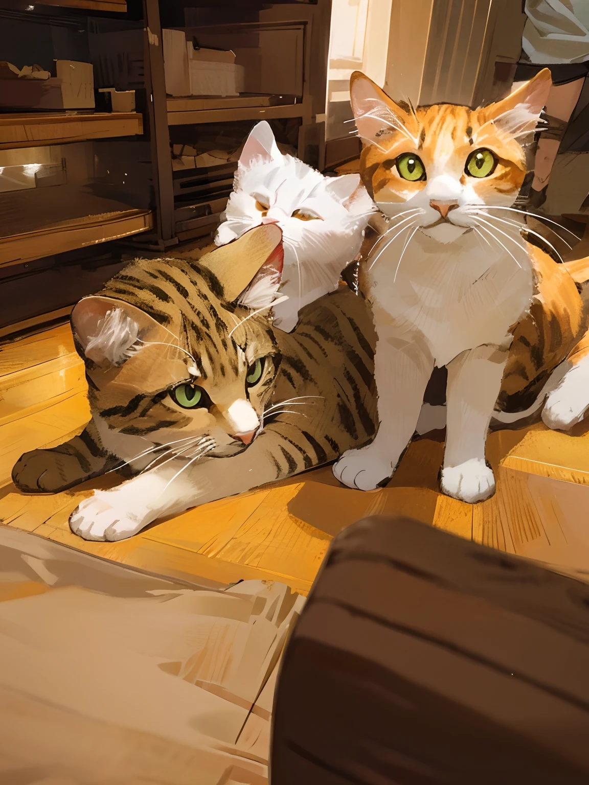 There are two cats sitting next to each other on the floor, gatos do lado dela, cat female with a whit and chest, there is a cat next to her, all looking at camera, Tomado com Sony Alpha 9, Directed by: Nandor Soldier, Gatos, Looking at camera!!!, 3 heads, Gatos! are around, screaming at the camera