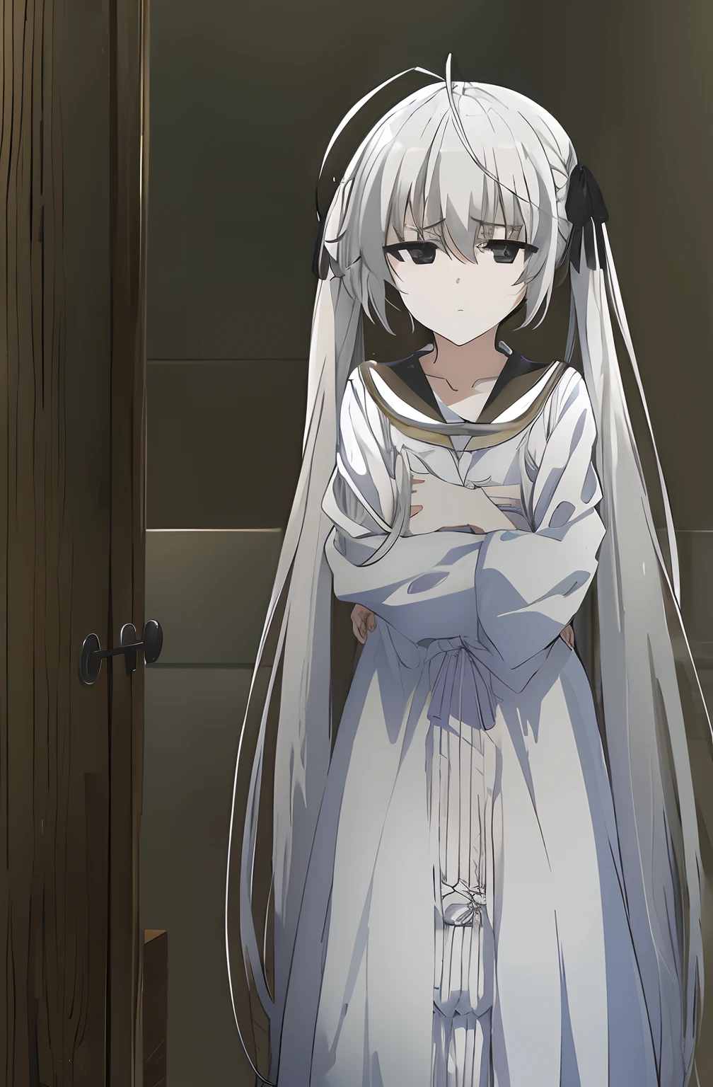 sorakasugano, sora kasugano, ahoge, (black eyes:1.5), hair between eyes, hair ribbon, long hair, twintails, black ribbon, simple white night gown with collar, white hair, (flat chest:1.2), BREAK, grey ribbons, long sleeves,, serafuku, white sailor collar, white serafuku, BREAK looking at viewer, BREAK indoors, BREAK (masterpiece:1.2), best quality, high resolution, unity 8k wallpaper, (illustration:0.8), (beautiful detailed eyes:1.6), extremely detailed face, perfect lighting, extremely detailed CG, (perfect hands, perfect anatomy), ((standing)), ((hugging self)), ((stunning brown eyes)), ((sad, large eyes))