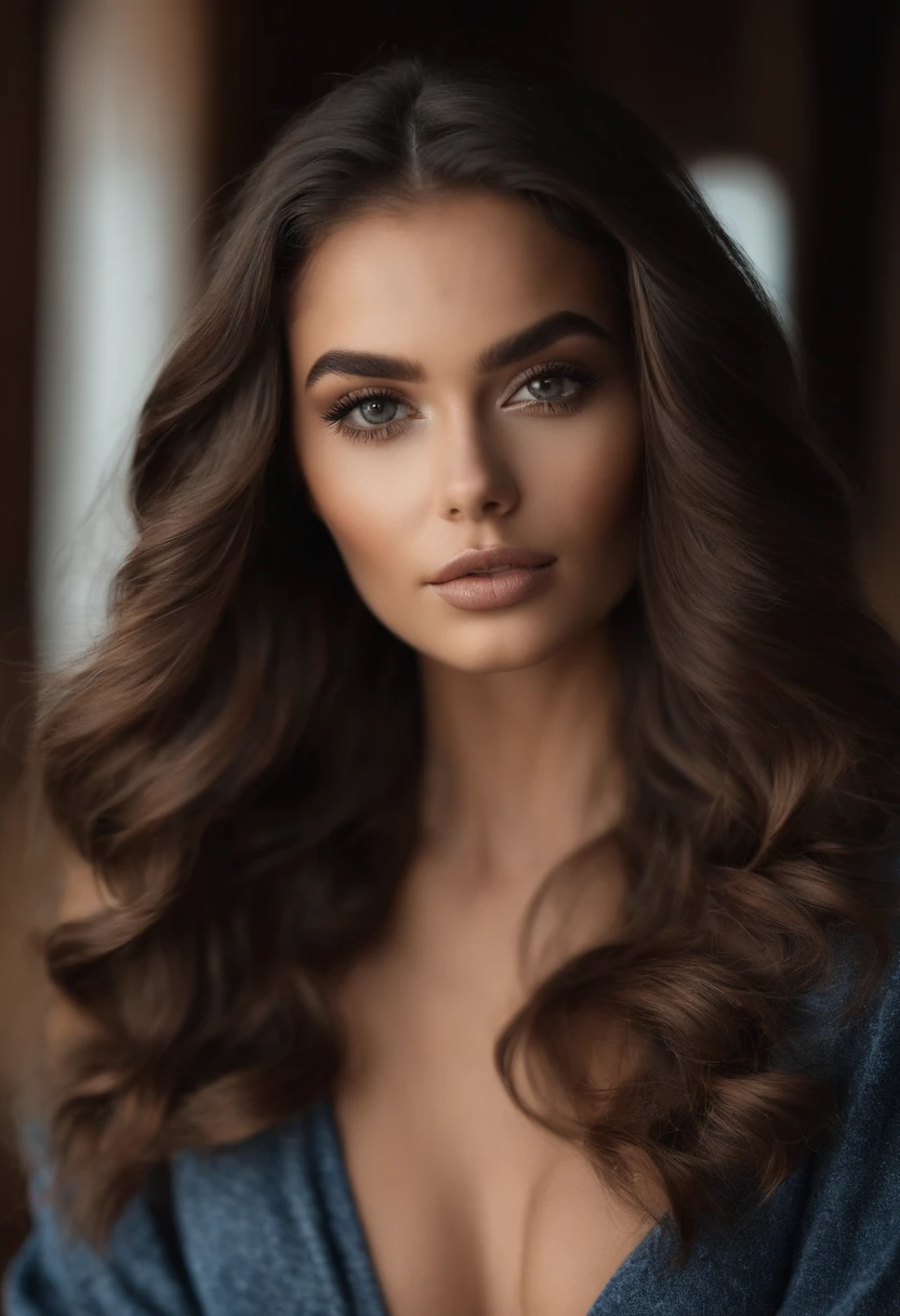 mulher arafed com uma roupa de inverno bonita, com olhos castanhos, Retrato Sophie Mudd, cabelos castanhos e olhos grandes,Olhos do quarto, Violeta Myers, sem maquiagem, maquiagem natural, Looking directly at the camera, Rosto com ArtGram, maquiagem sutil,selfie no bar, clivagem