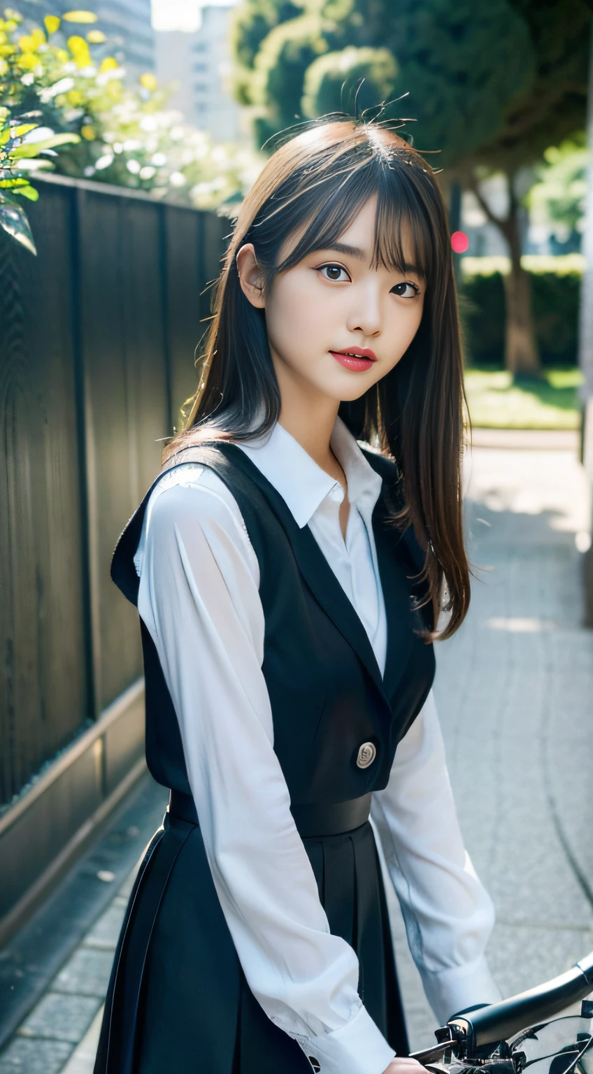 (((32k,high detal,high-detail、masterpiece,Attention to detail,full body Esbian,独奏))),Raw photo & realistic atmosphere,beautiful dark blue eyes,Detailed mouth,Glossy lips,Detailed eyebrows,Eyes drawn in detail with soft white skin that shines with every detail、azure eyes,Very beautiful eyes,Detailed lips、Very beautiful face,Very well-formed face、Lifelike face,shiny beautiful lips, Realistic Young Gravure Idol, very beautiful school girl, ,Moderately beautiful, Young Sensual Gravure Idol, Young Gravure Idol, Beautiful, Cute and sexy15 year old schoolgirl,the whole body is wet,dripped out,with a flushed face,Incredibly beautiful15-year-old girl,short-cut,Brown shiny hair,Hair is wet,Dripping water,dripping,(Black pantyhose,Beautiful fece,Looking at the camera:1.4),(High Detail Hi-Vision Hi-Definition Japan HDTV Black HDTV Hi-Vision Black High Definition Black High Definition High Definition Black High Definition Uniform,well-shaped breasts,,Mature body, I'm anxious and about to cry,Moist eyes,cold smile,glareing,The glaring face is also beautiful:1.5),(The chest of the uniform is open,Riding a bike in the city,Straddling a bike,pedal a bike,rollback,Ride a bike in black pantyhose,Commuting to school by bicycle:1.7)