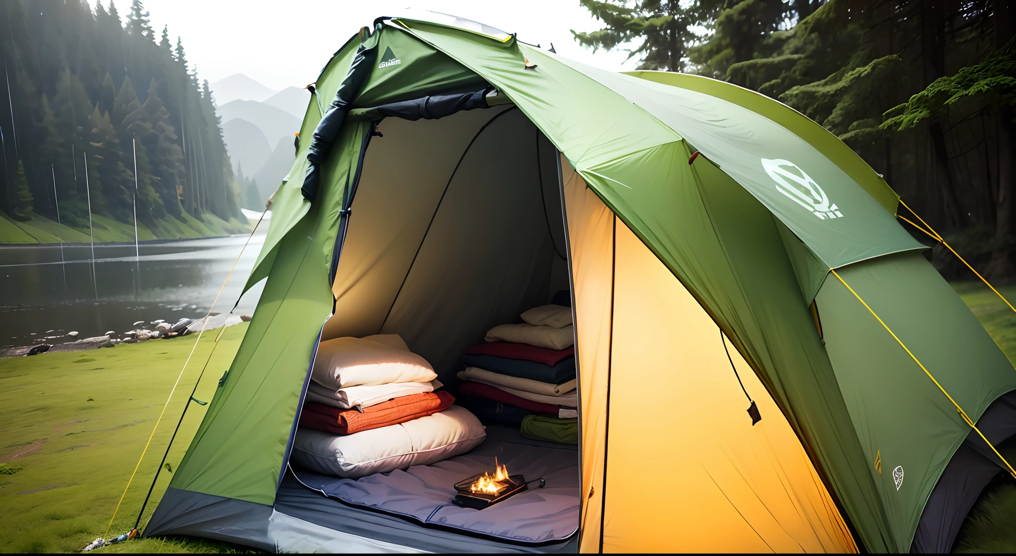 Inside the tent、Camping stove、sleeping bag、Lantern light、backpack、Nobody is there。