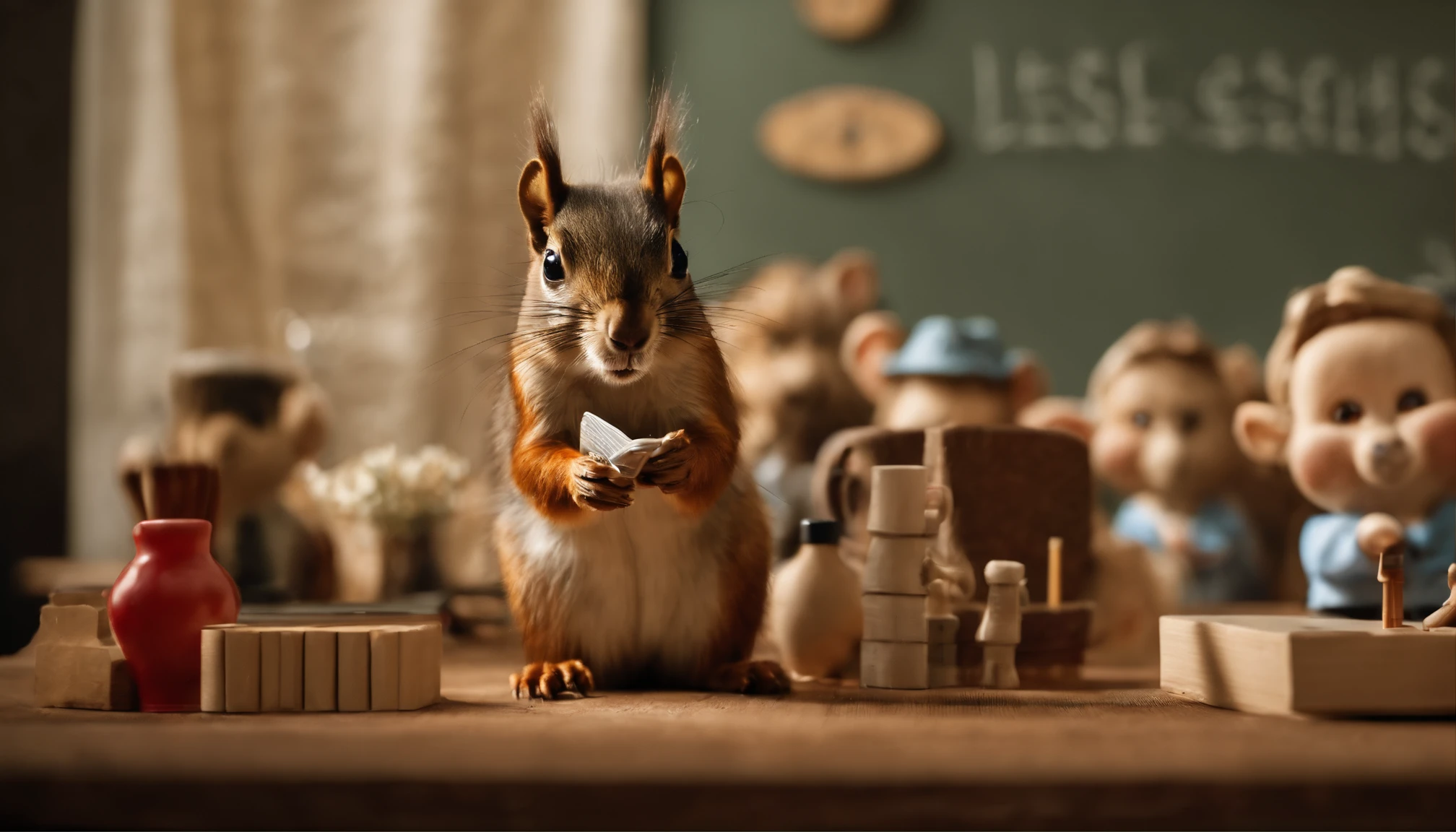 A squirrel giving a TED talk presentation to a group of squirrels in the office, with charts and graphs