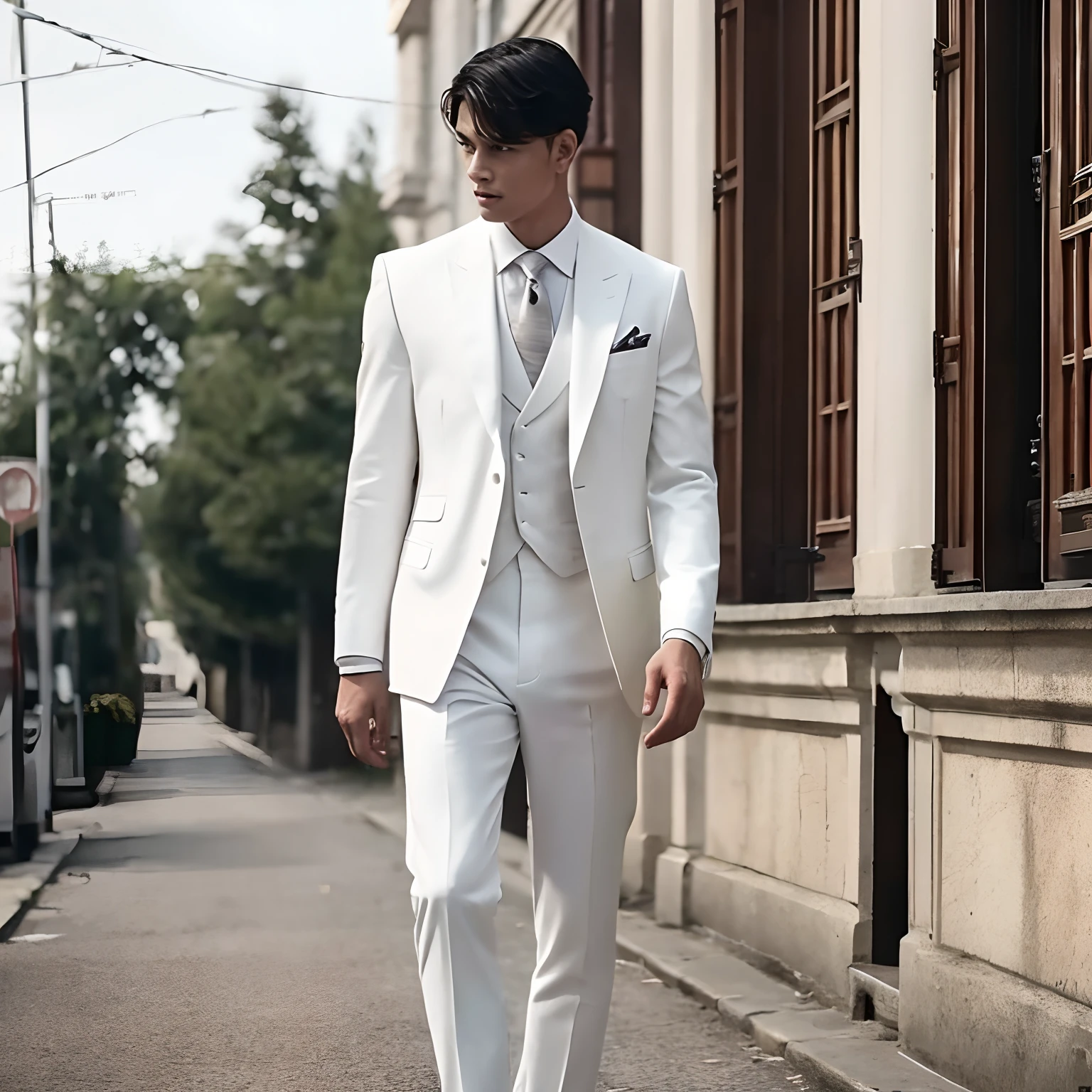 In a white suit、Strange thieves、High school students、167 cm、Type B、gentleman、Slim Fit Pants、cinematic shot、finely detailed background、1 male
