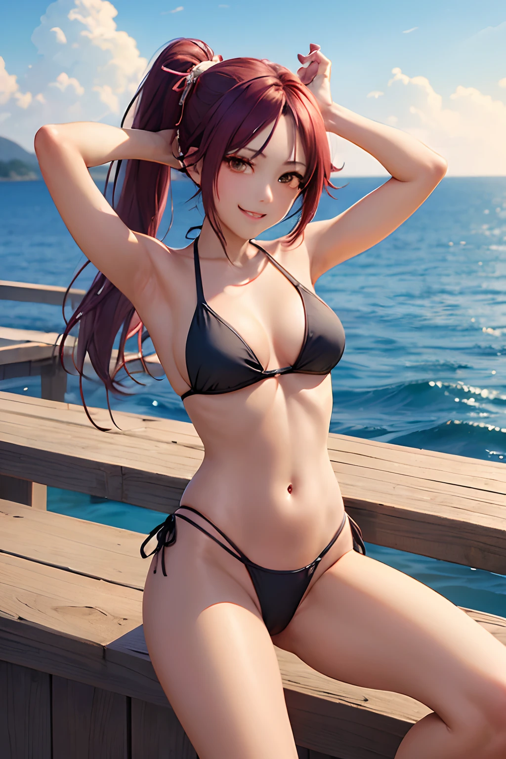 (masterpiece、top-quality:1.2)、cowboy shot、独奏、1girll、Shihoin Yoruichi、A smile、see the beholder、long pony tail、((Black Bikini))、(highleg)、(sandal)、(sun burn)、Provoking poses