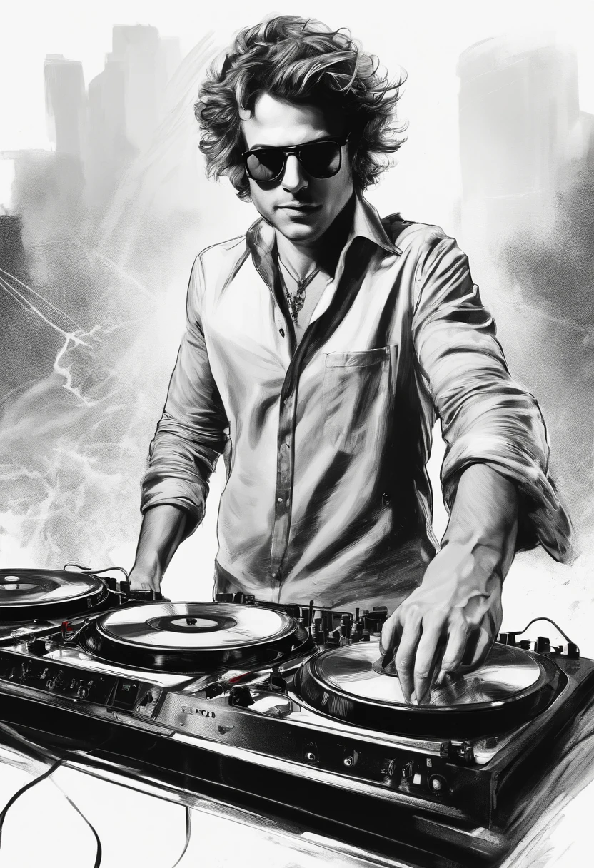 a black and white drawing of Jack Nicholas with a crazy look and messy hair DJing behind two turn tables