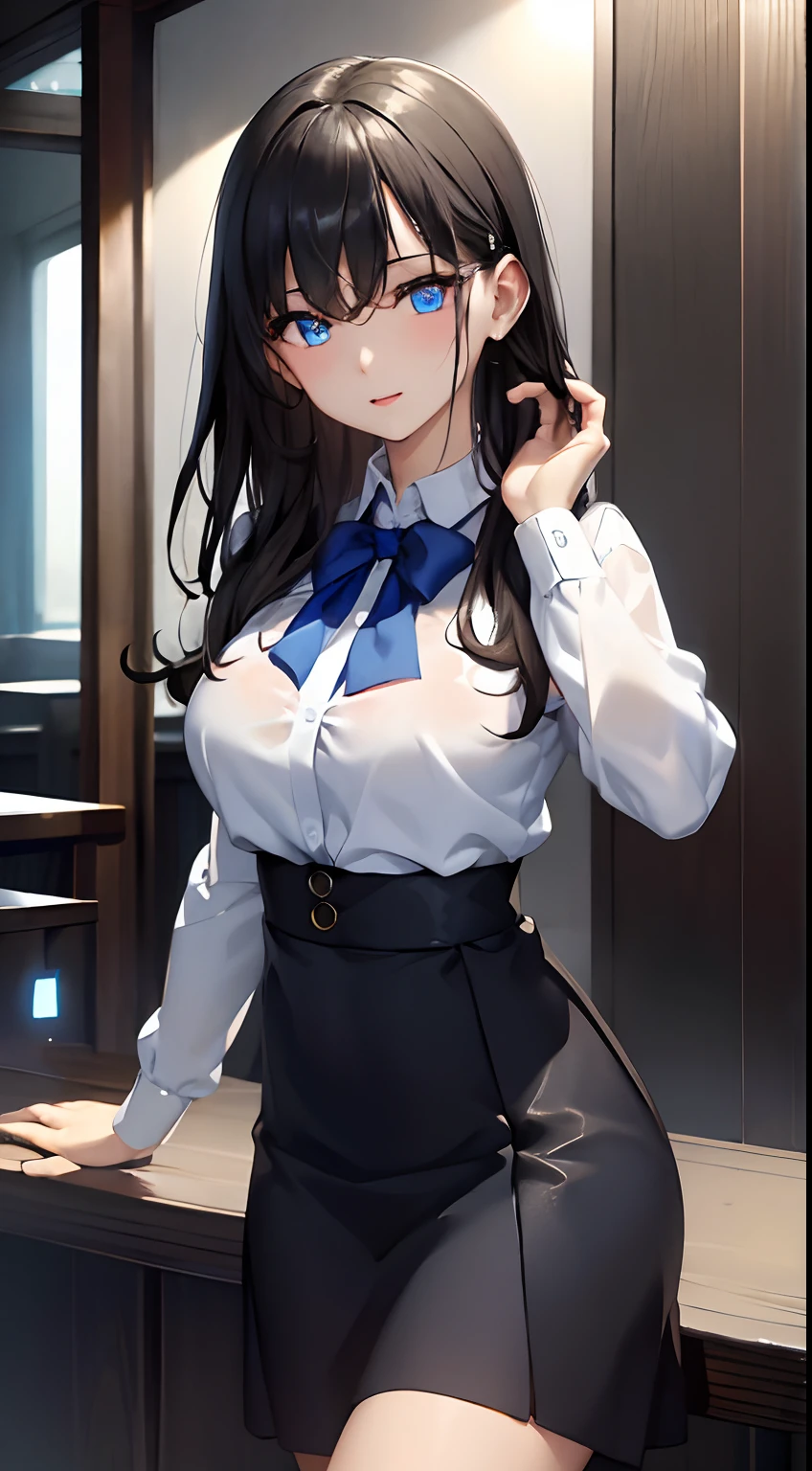 ((masterpiece))、(top-quality)、(detaileds)、(1girl)、Blue glowing eyes、white shirt、a black skirt、looking down to viewer
